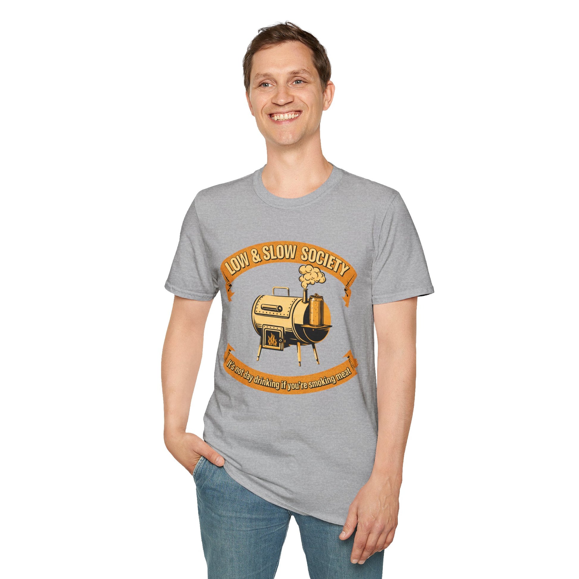 Low & Slow Society Shirt, Sport Grey, worn by a standing model with one hand in their pocket