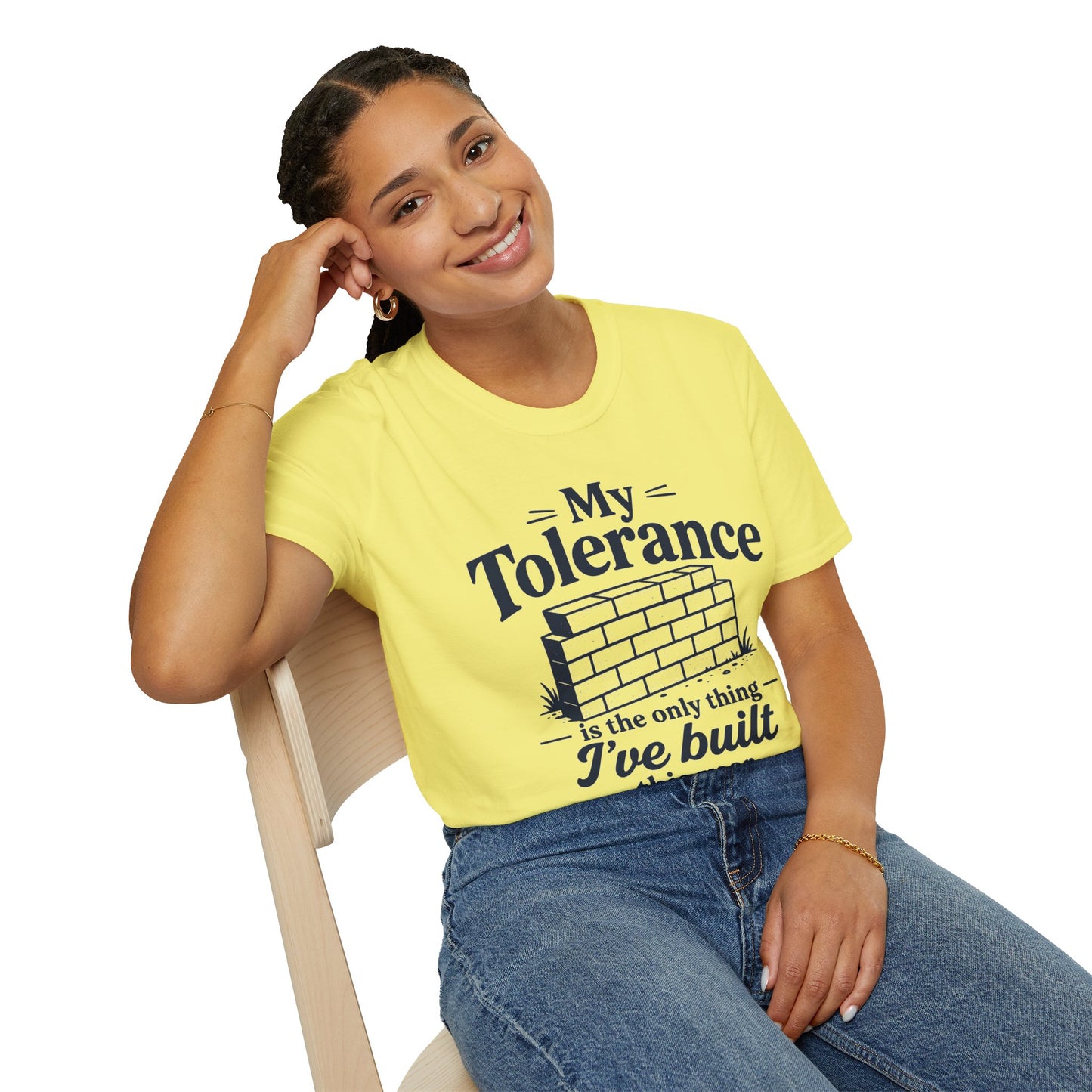 My Tolerance Is the Only Thing I've Built, Cornsilk pale yellow, worn by a model seated on a wooden chair