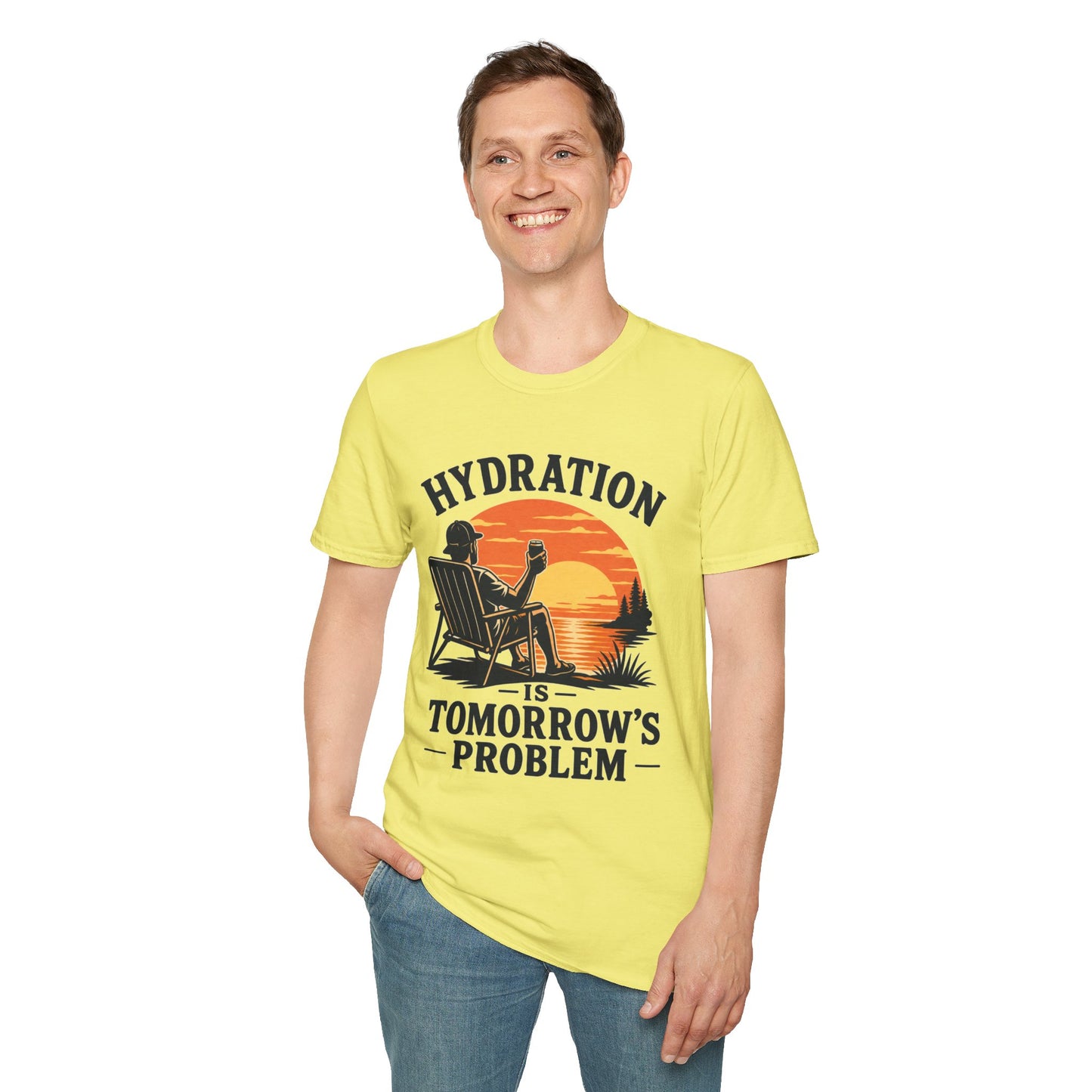 Hydration Is Tomorrow's Problem Shirt, Cornsilk pale yellow, worn by a standing model with one hand in their pocket