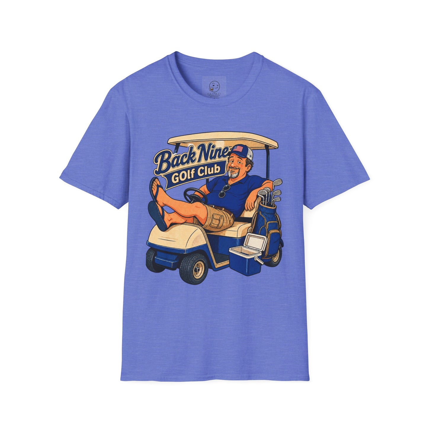 Retro country club-style t-shirt graphic of the Dry Wit dad mascot in a golf cart with a cooler, text reading Back Nine Golf Club