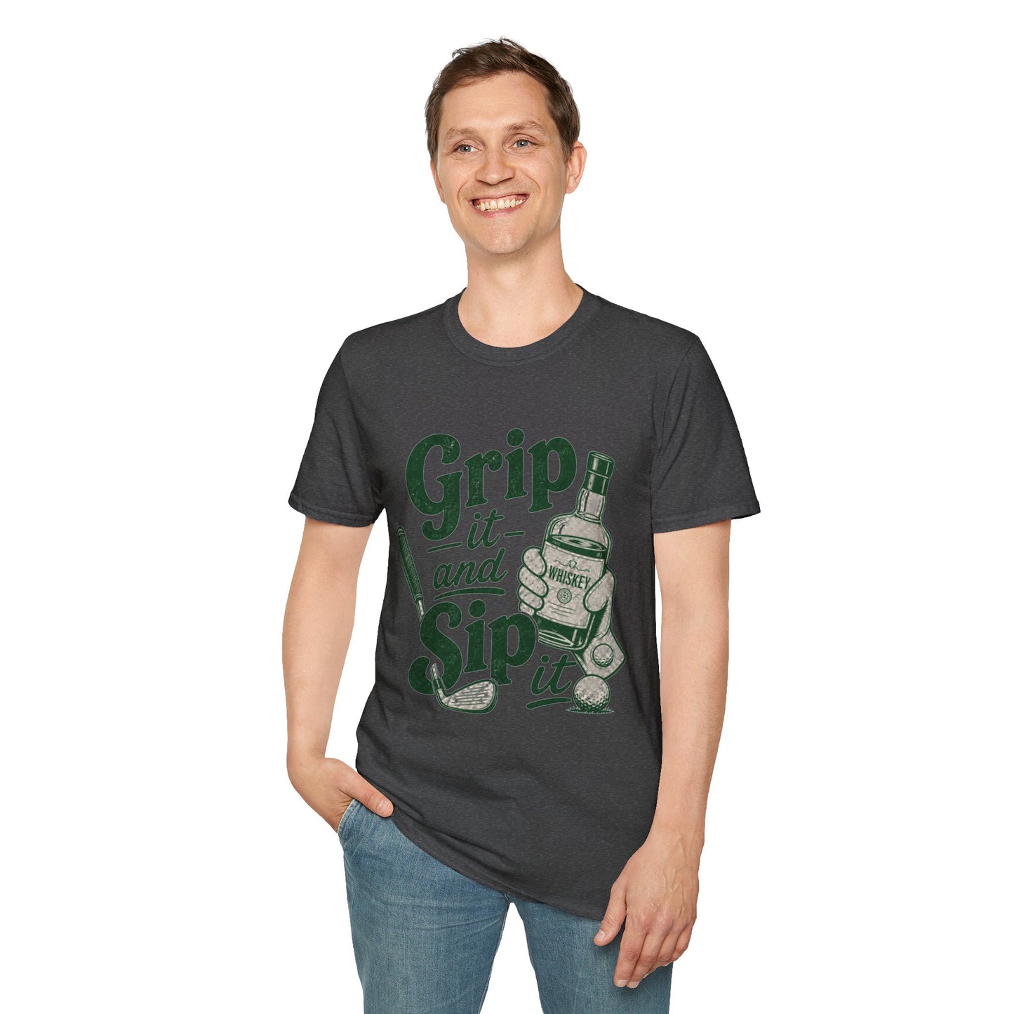 Grip It and Sip It funny golf whiskey shirt, Dark Heather charcoal, worn by a standing model