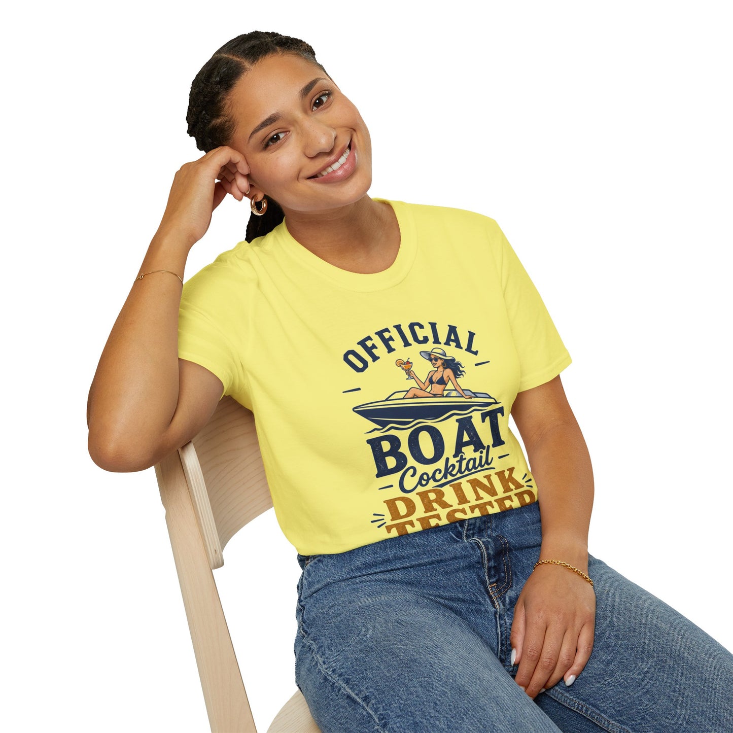 Official Boat Cocktail Drink Tester Shirt, Cornsilk pale yellow, worn by a model seated on a wooden chair