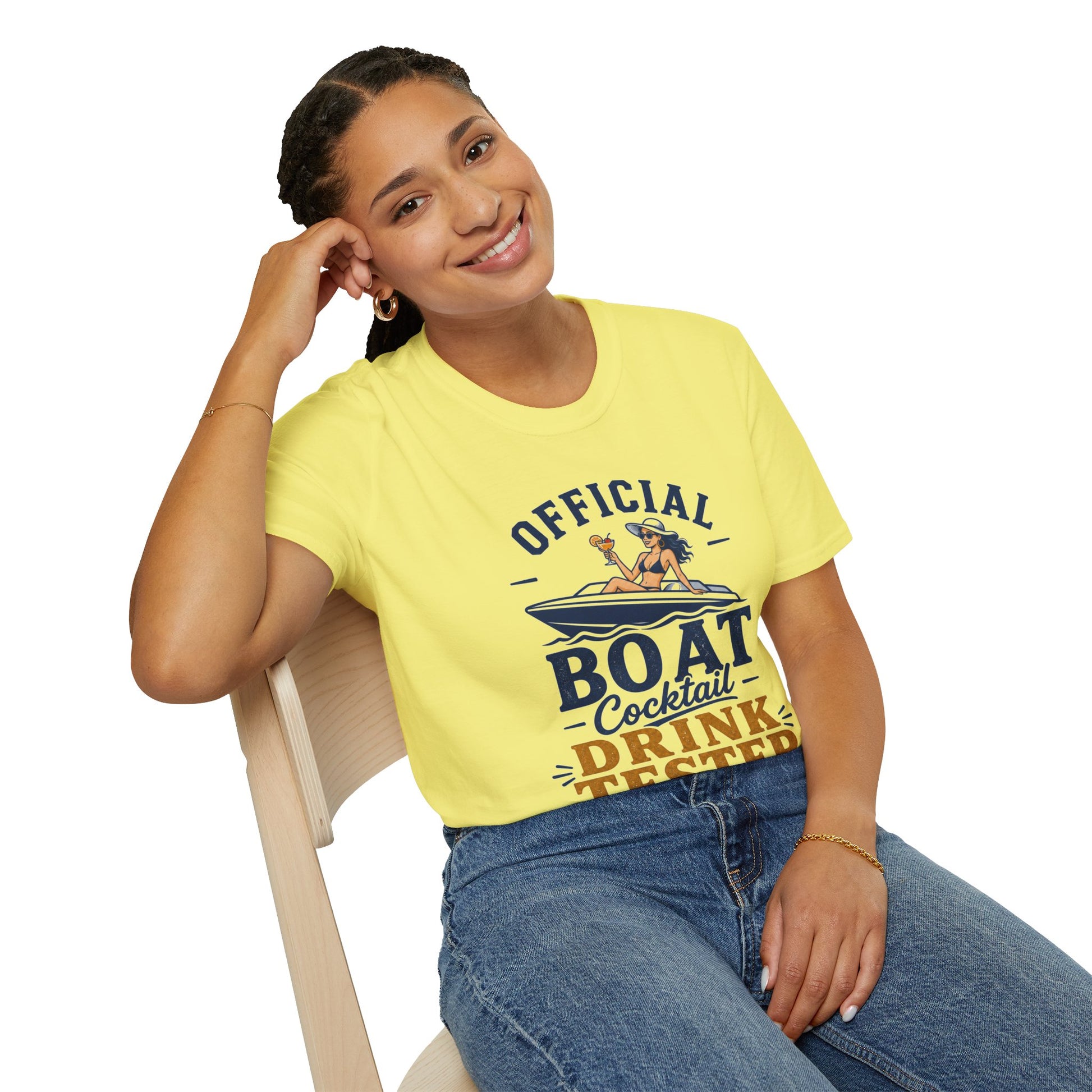 Official Boat Cocktail Drink Tester Shirt, Cornsilk pale yellow, worn by a model seated on a wooden chair