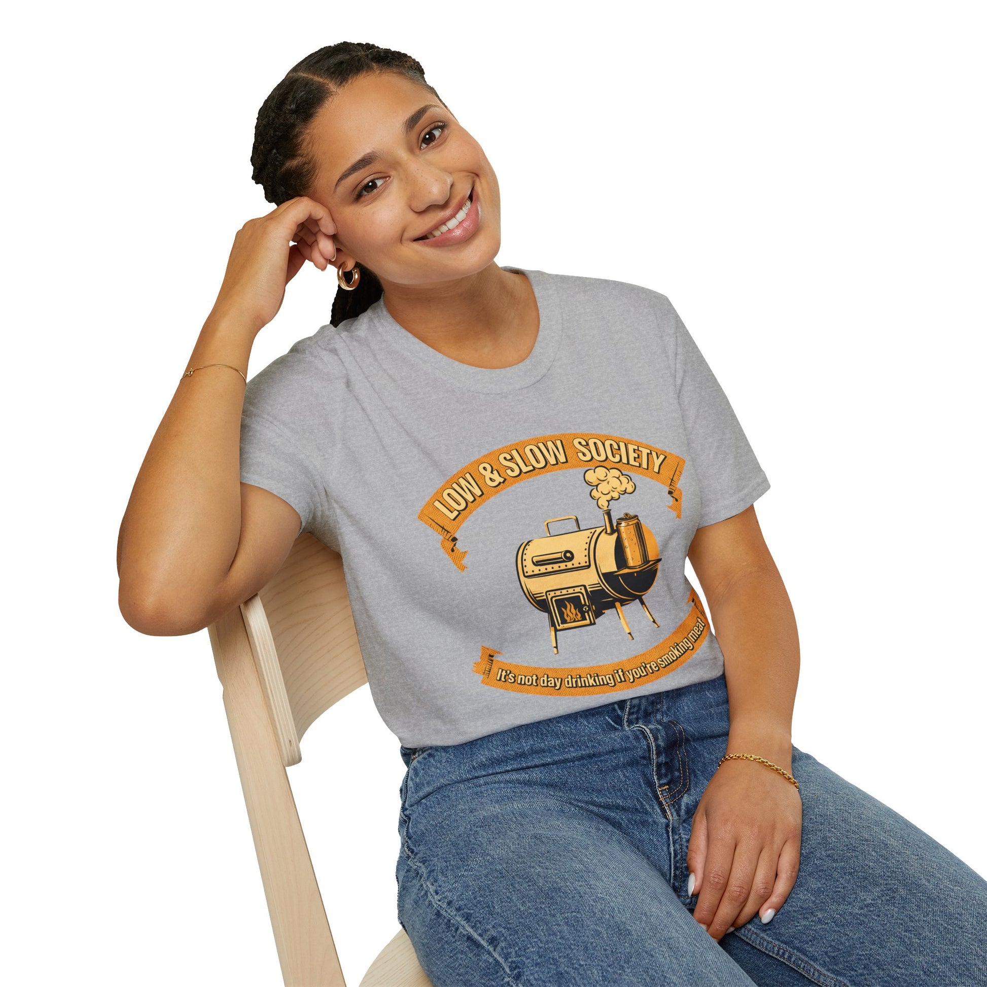 Low & Slow Society Shirt, Sport Grey, worn by a model seated on a wooden chair