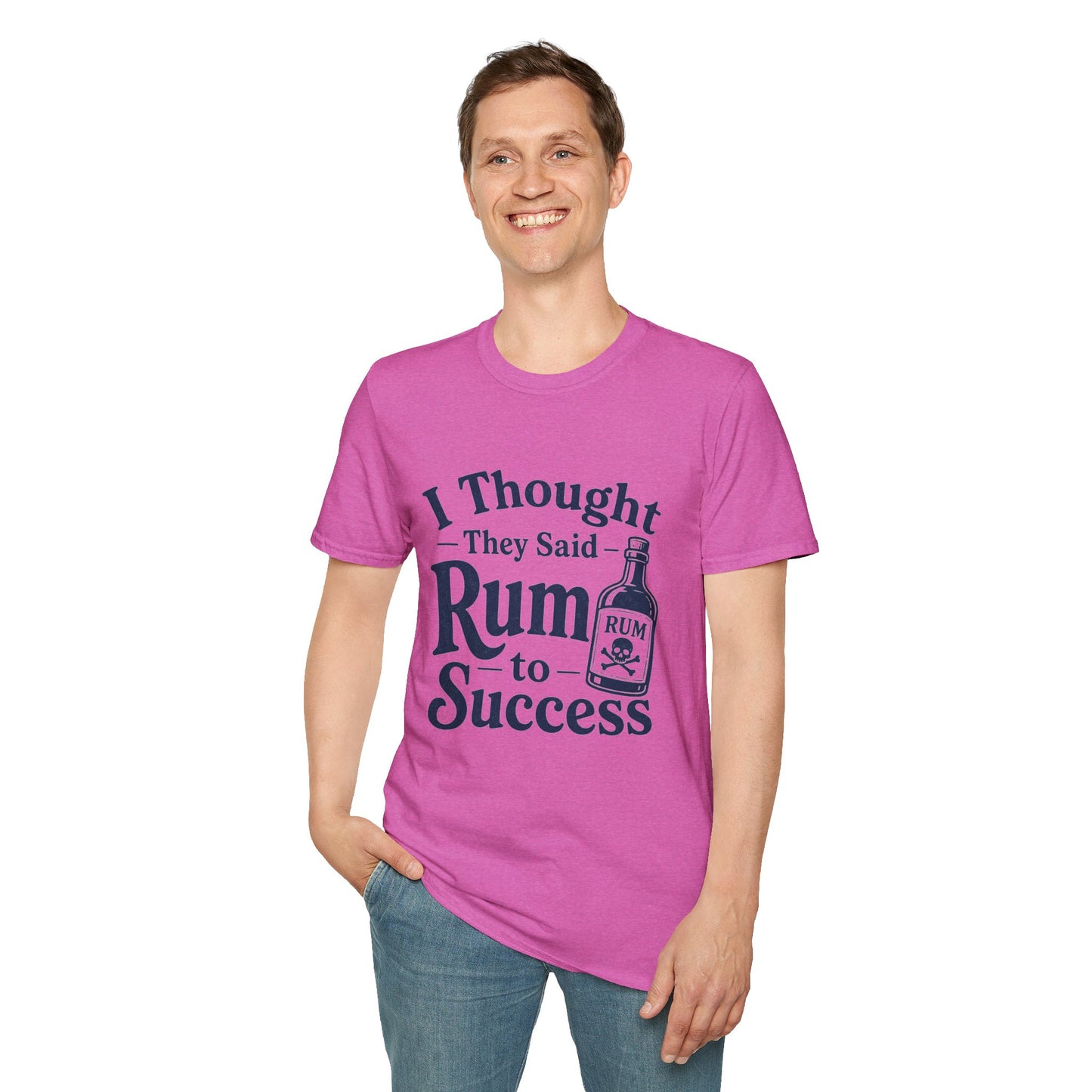 I Thought They Said Rum to Success Shirt, Heather Berry pink, worn by a standing model with one hand in their pocket