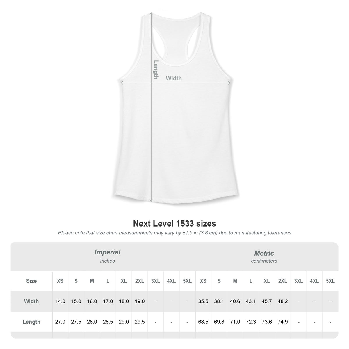 Next Level 1533 women's racerback tank size chart for the 12 Hours of Chaos Tank, listing width and length in inches and centimeters for sizes XS through 2XL