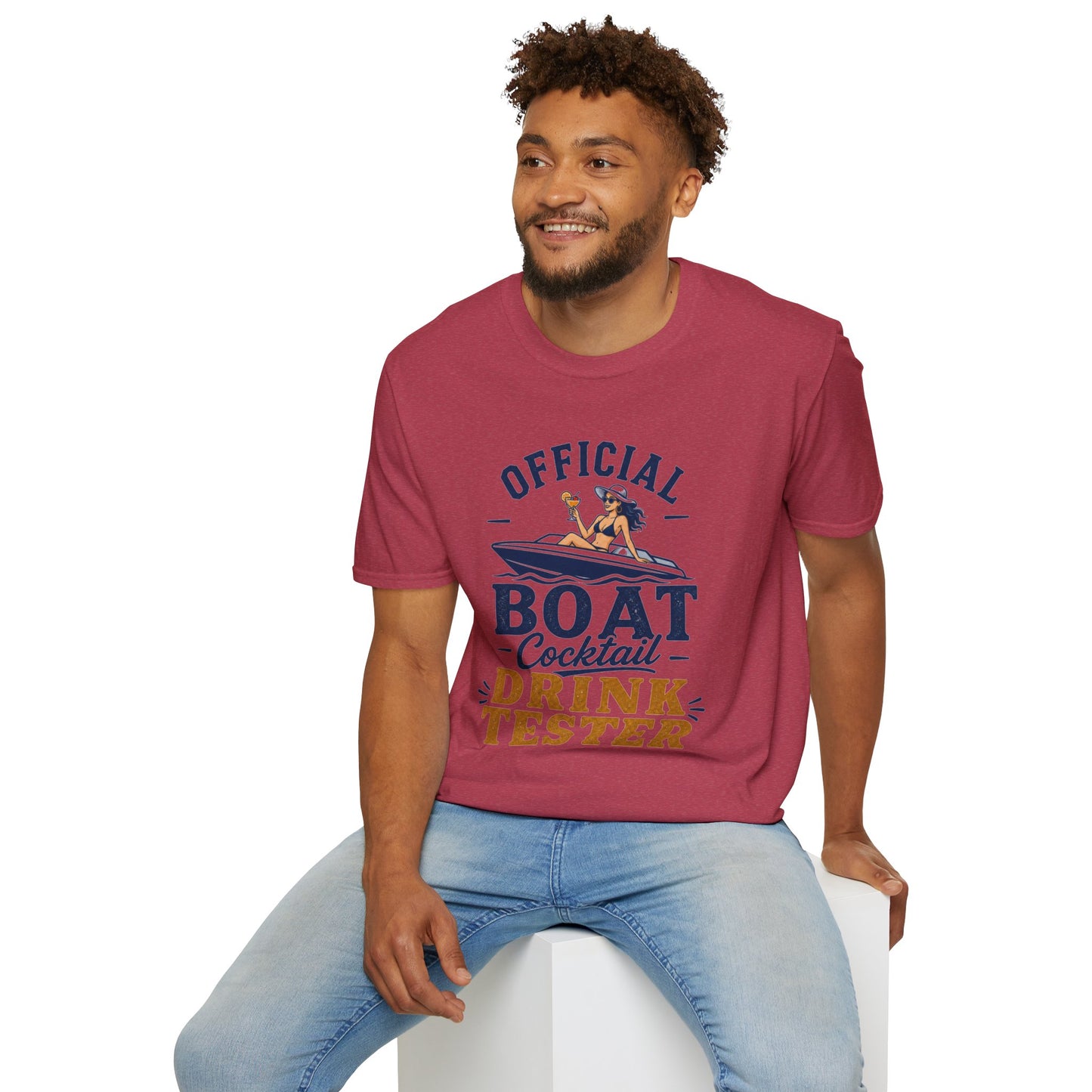 Official Boat Cocktail Drink Tester Shirt, Heather Cardinal red, worn by a model seated on a white block