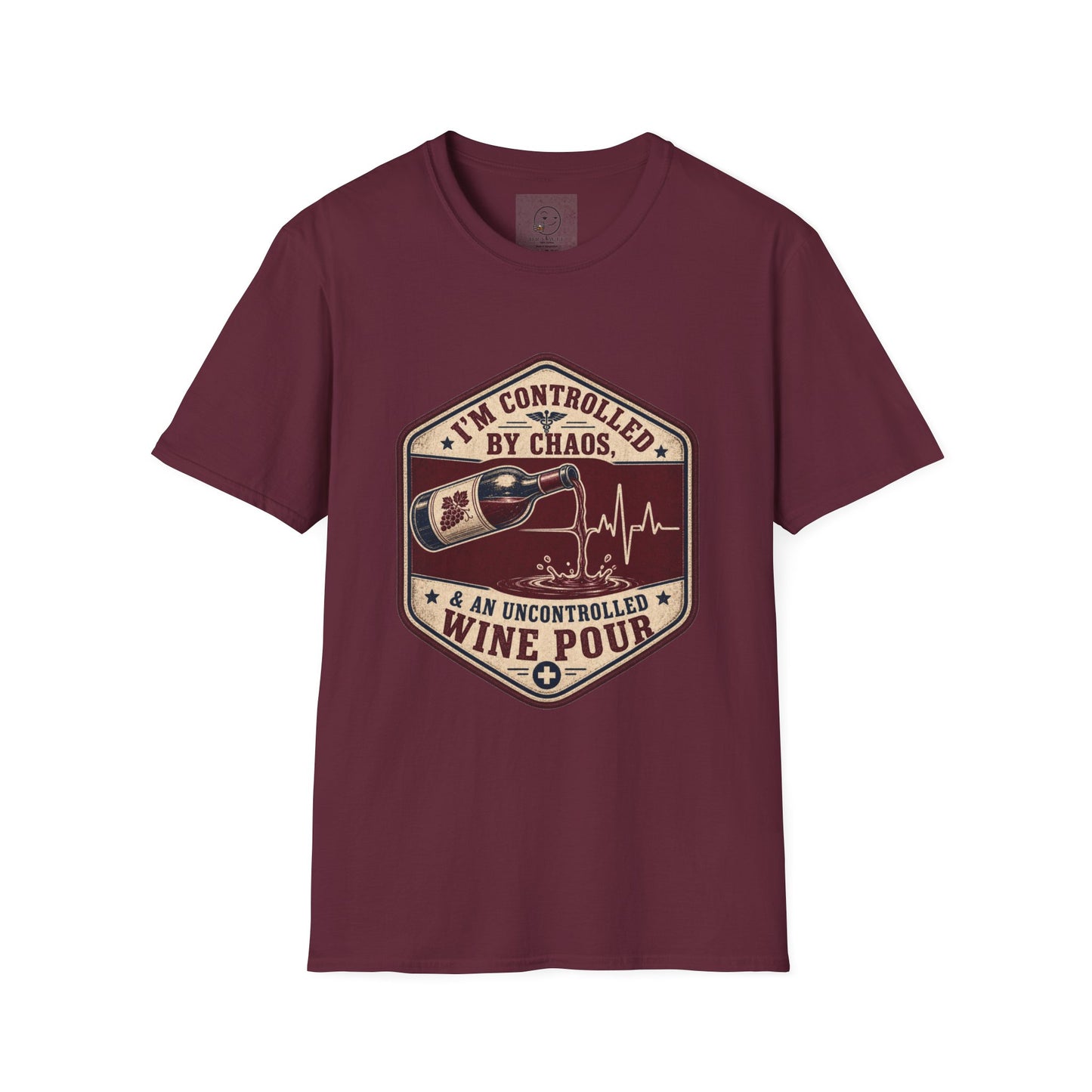 Hexagonal vintage badge t-shirt graphic of a wine bottle mid-pour with the liquid stream shaped like a heartbeat line, text reading I'm Controlled By Chaos & An Uncontrolled Wine Pour