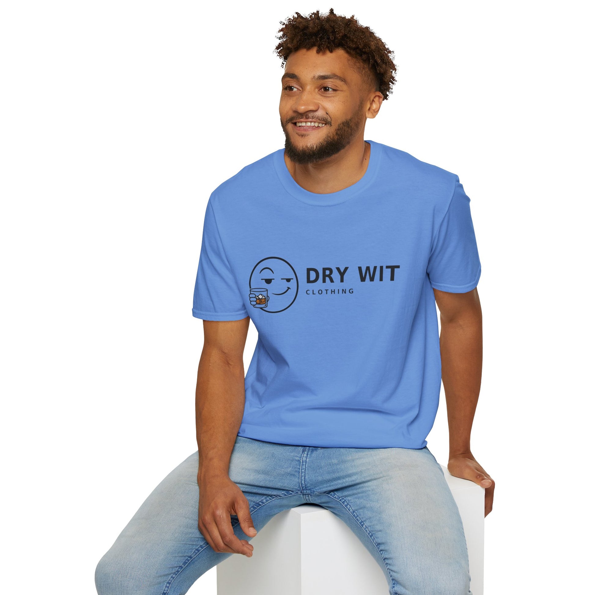 Dry Wit Logo Shirt, Carolina Blue, worn by a model seated on a white block
