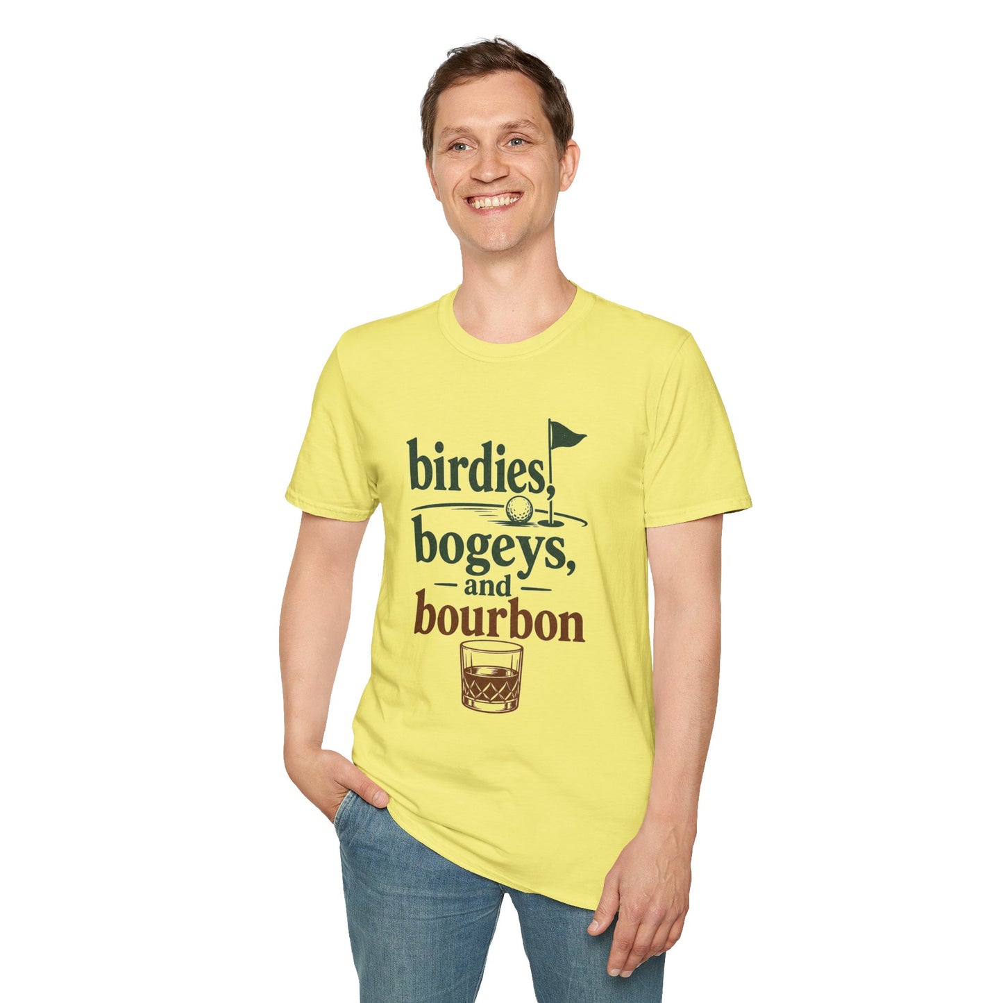 Birdies, Bogeys, and Bourbon Shirt, Cornsilk pale yellow, worn by a standing model with one hand in their pocket