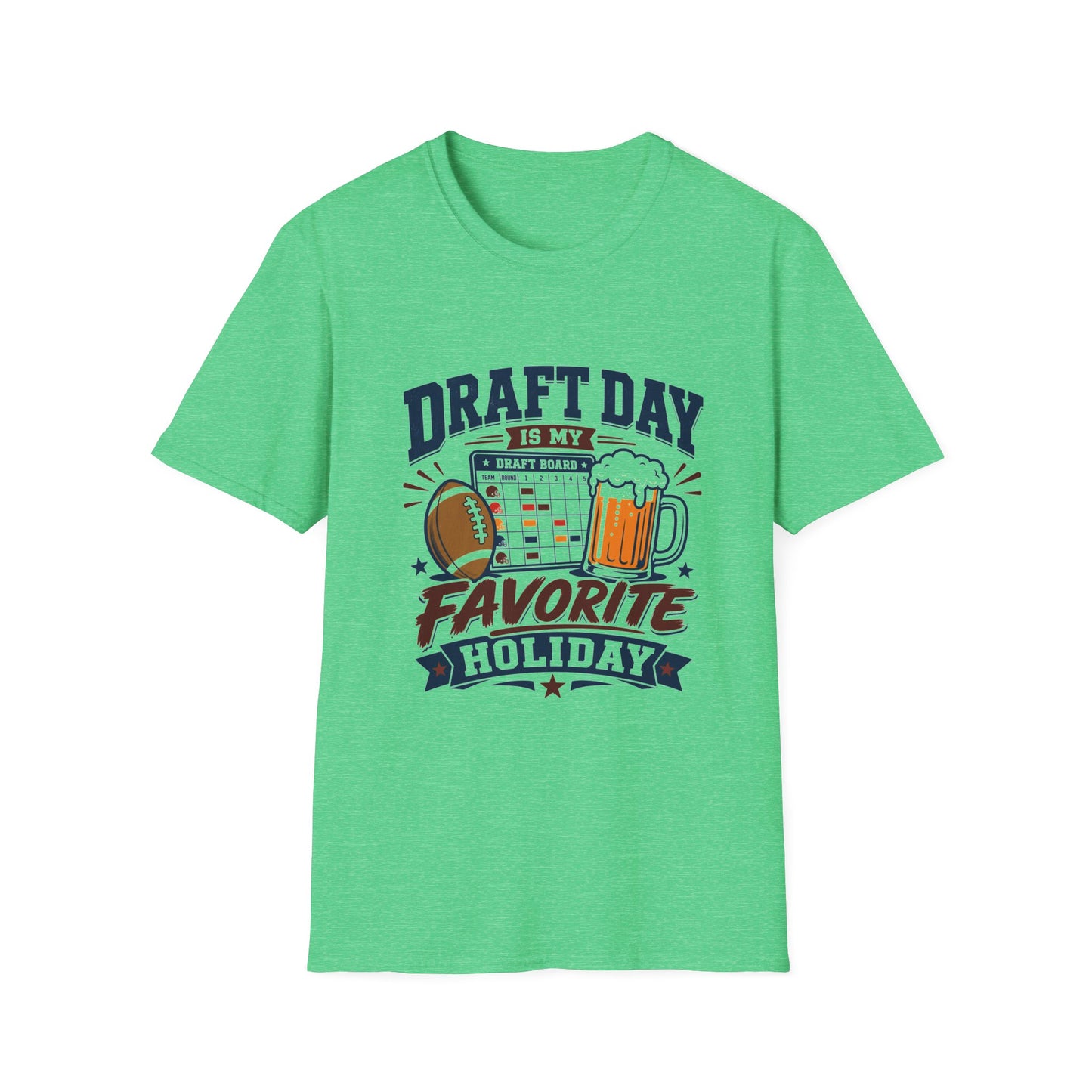 T-shirt design with navy Draft Day text, a fantasy football draft board grid, football, and foaming beer mug graphic, banner reading Favorite Holiday