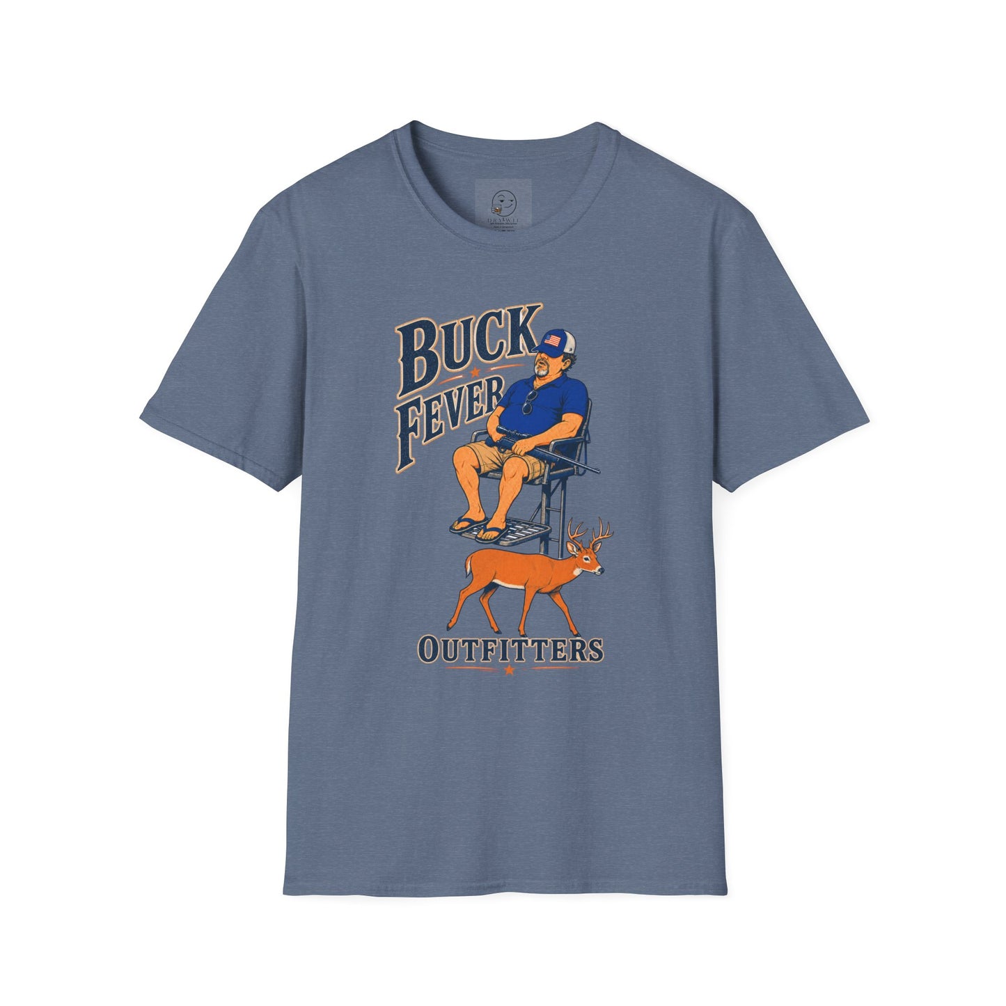 Retro cartoon t-shirt graphic of the Dry Wit dad mascot in hunting gear with a rifle, text reading Buck Fever Outfitters