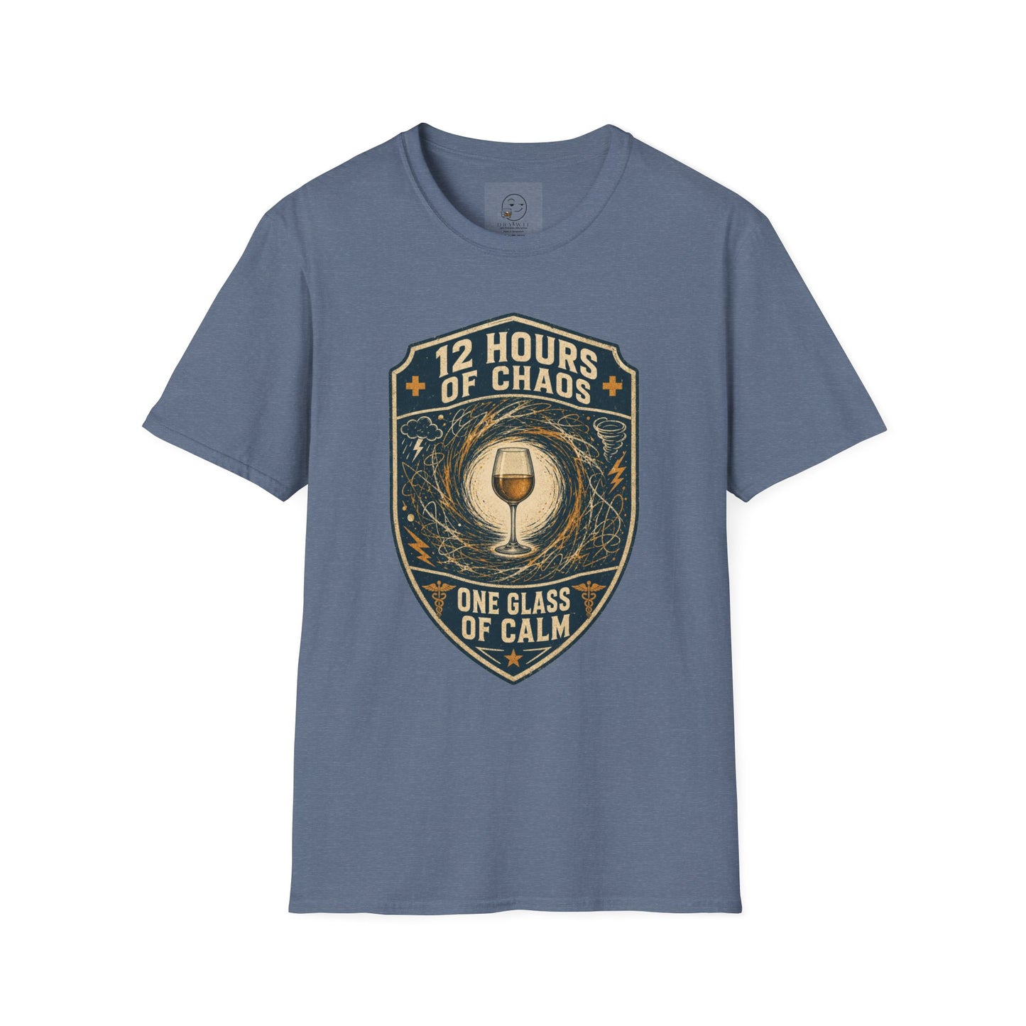 Shield-shaped vintage badge t-shirt graphic of a wine glass sitting calmly amid a swirling chaos symbol, text reading 12 Hours Of Chaos, One Glass Of Calm