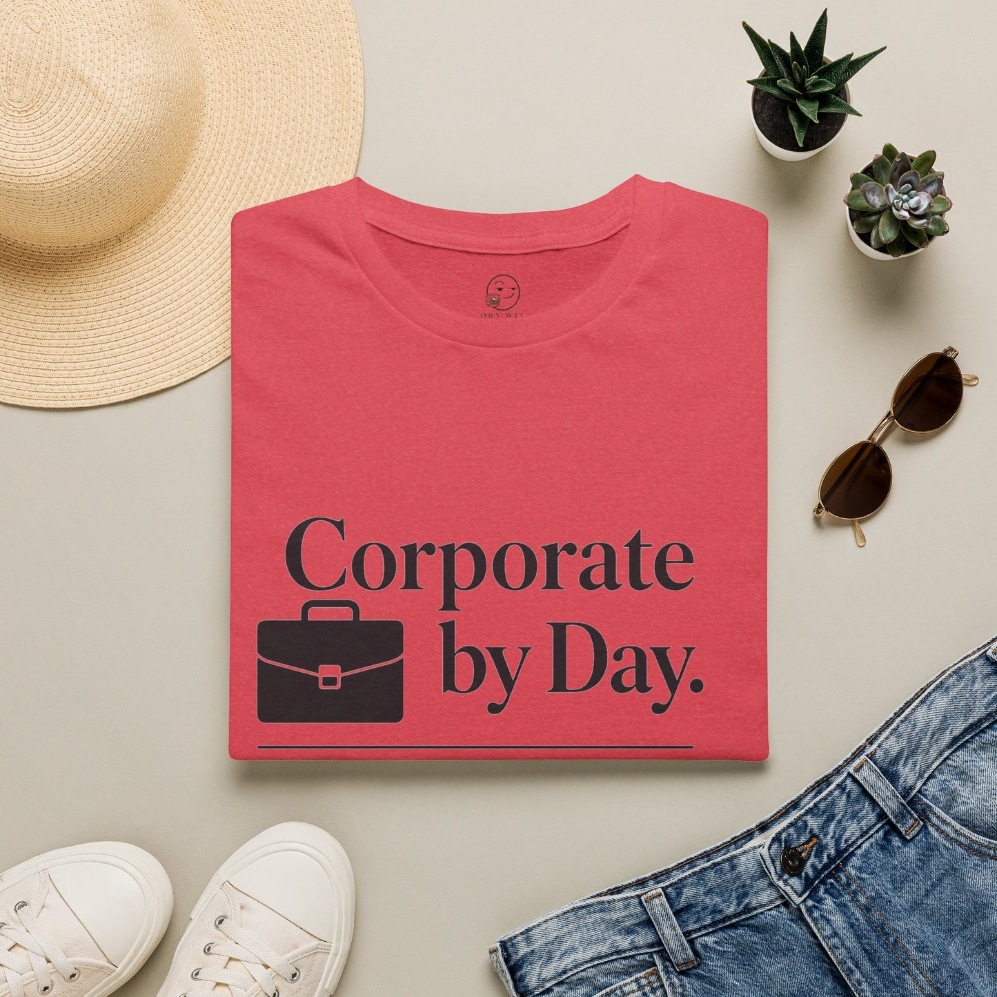 Corporate by Day, Cocktails by Night Shirt, Heather Red, folded flat lay styled with a straw hat, sunglasses, sneakers and denim
