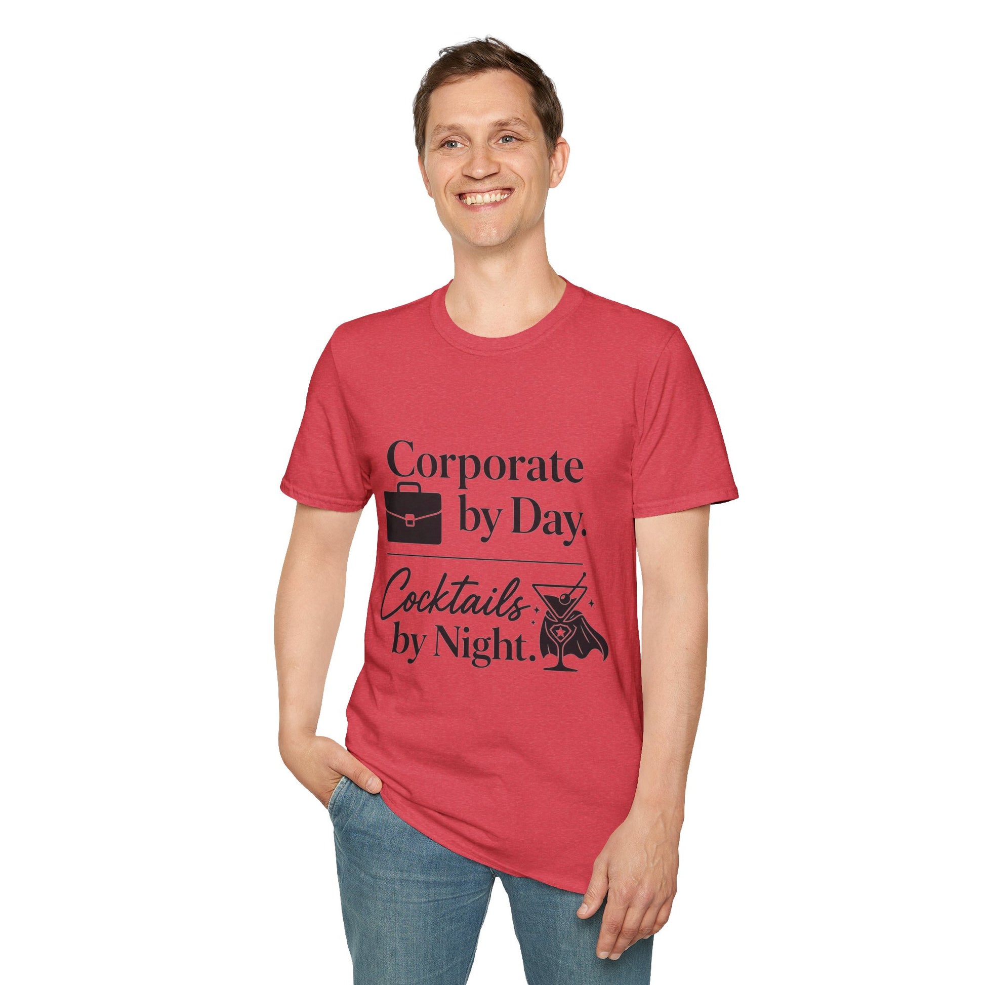 Corporate by Day, Cocktails by Night Shirt, Heather Red, worn by a standing model with one hand in their pocket