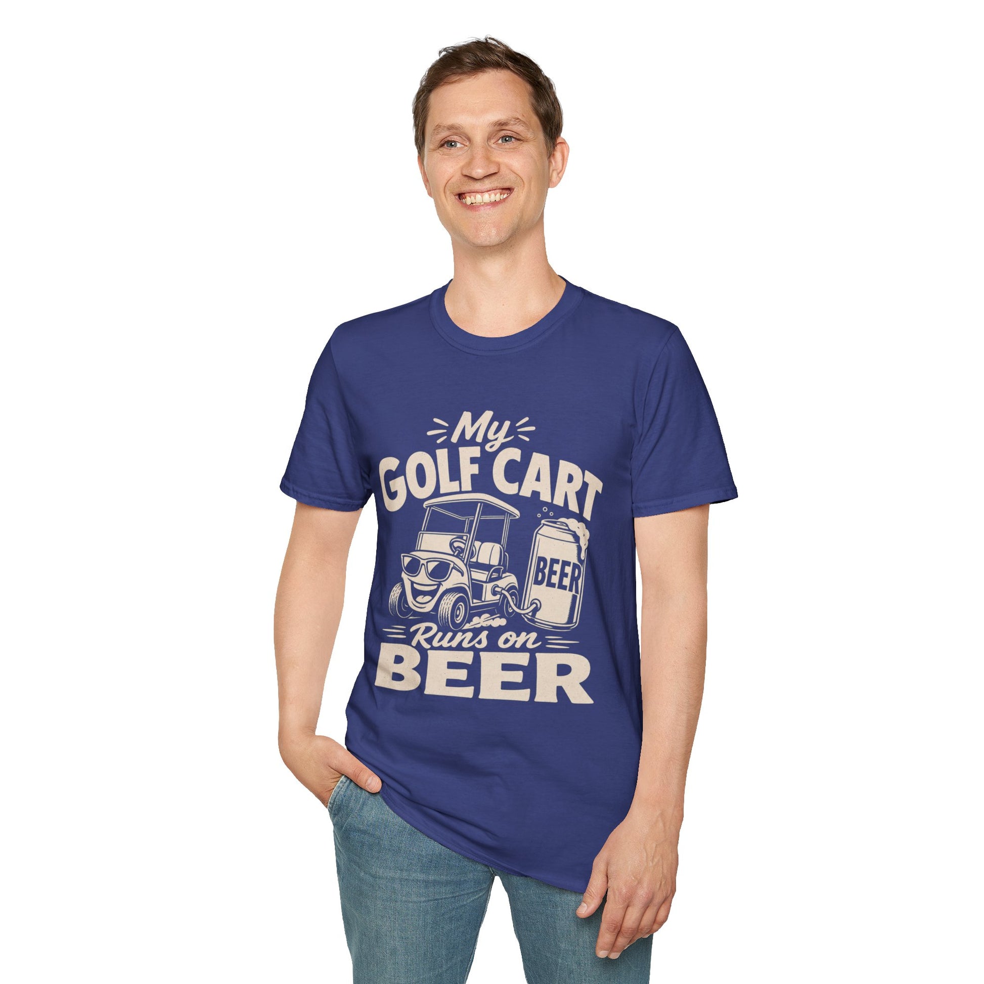 My Golf Cart Runs on Beer Shirt, Metro Blue, worn by a standing model with one hand in their pocket