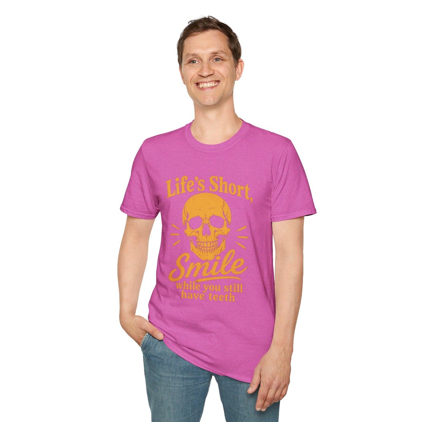Life's Short, Smile While You Have Teeth Shirt, Heather Berry pink, worn by a standing model with one hand in their pocket