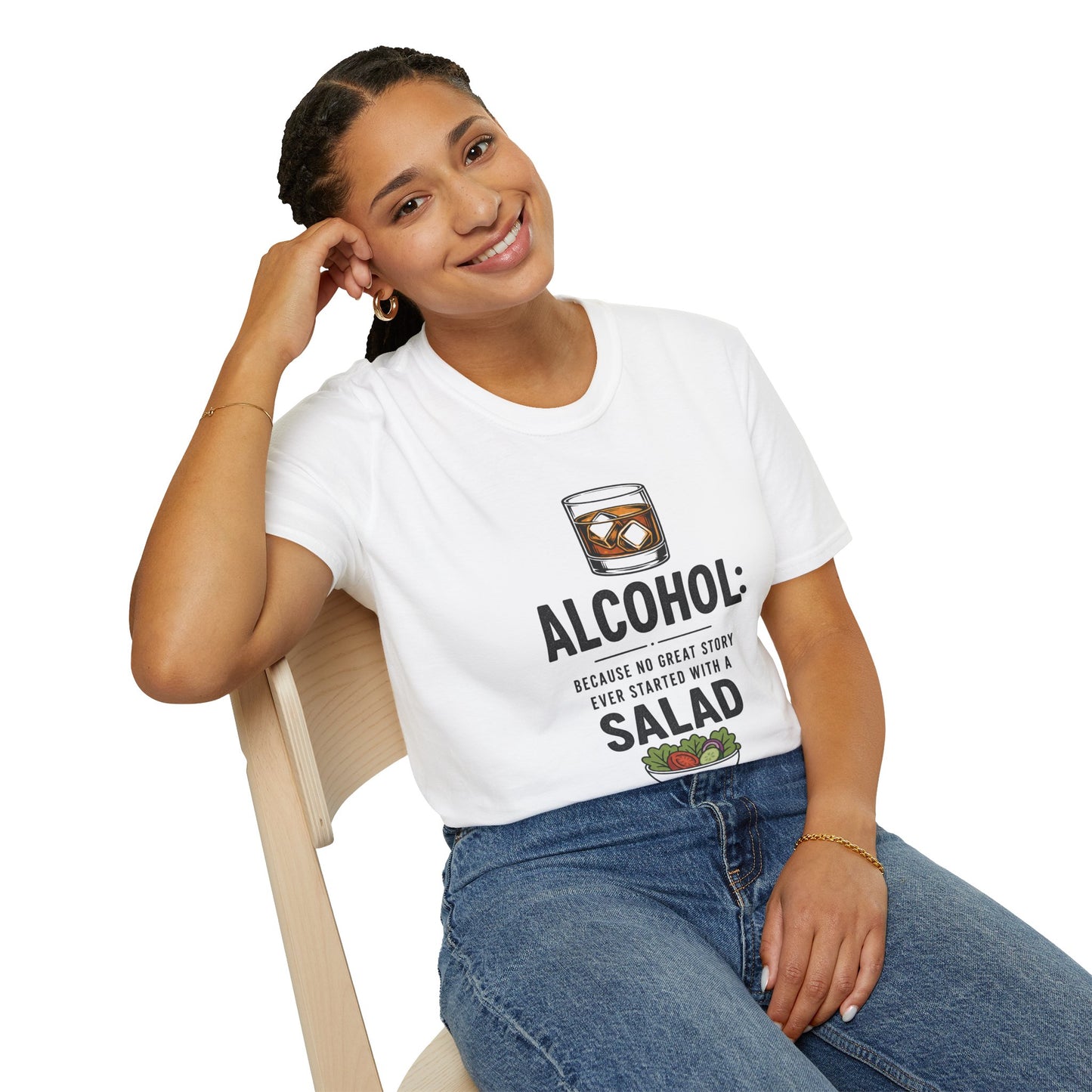 No Great Story Started With a Salad Shirt, White, worn by a model seated on a wooden chair