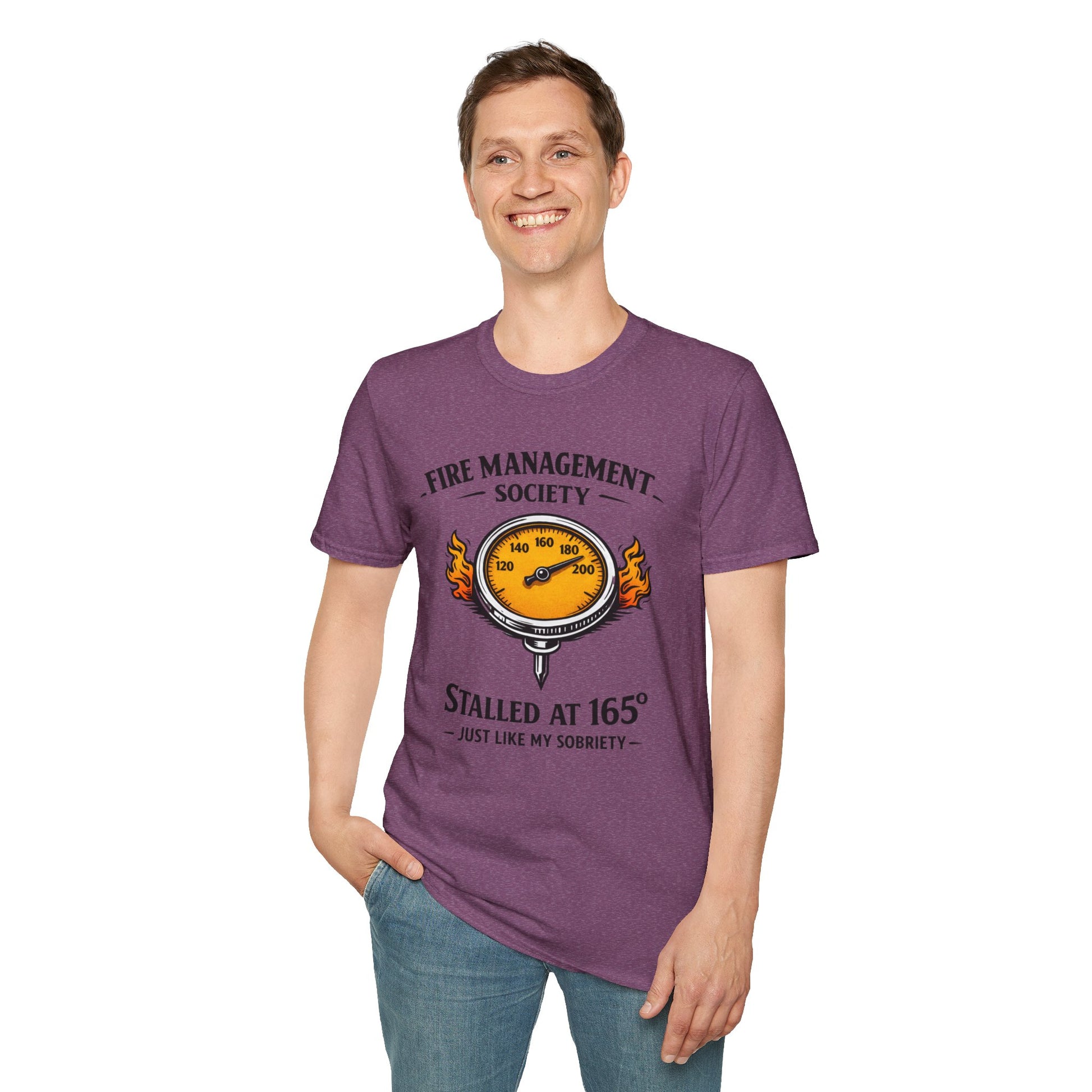 Fire Management Society Shirt, Heather Maroon plum, worn by a standing model with one hand in their pocket