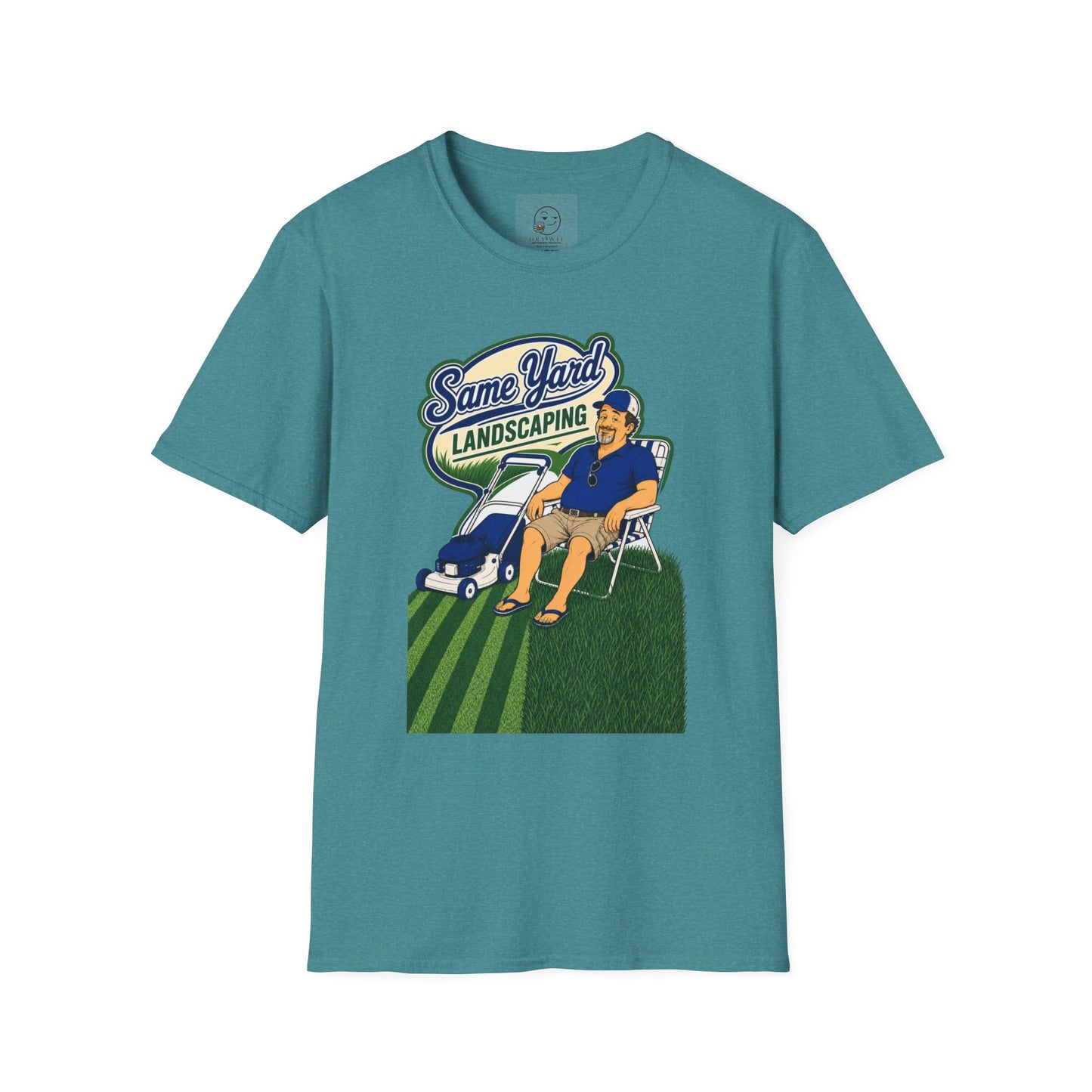 Retro cartoon t-shirt graphic of the Dry Wit dad mascot with a beer beside a lawn mower and grass stripes, text reading Same Yard Landscaping