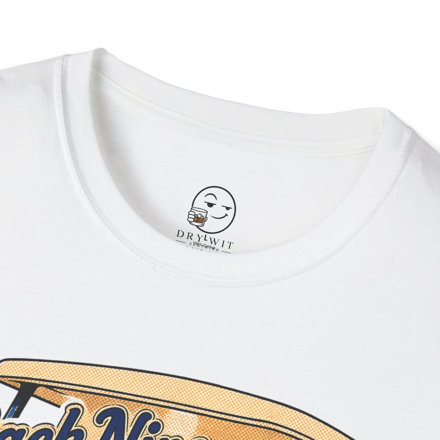 Retro country club-style t-shirt graphic of the Dry Wit dad mascot in a golf cart with a cooler, text reading Back Nine Golf Club