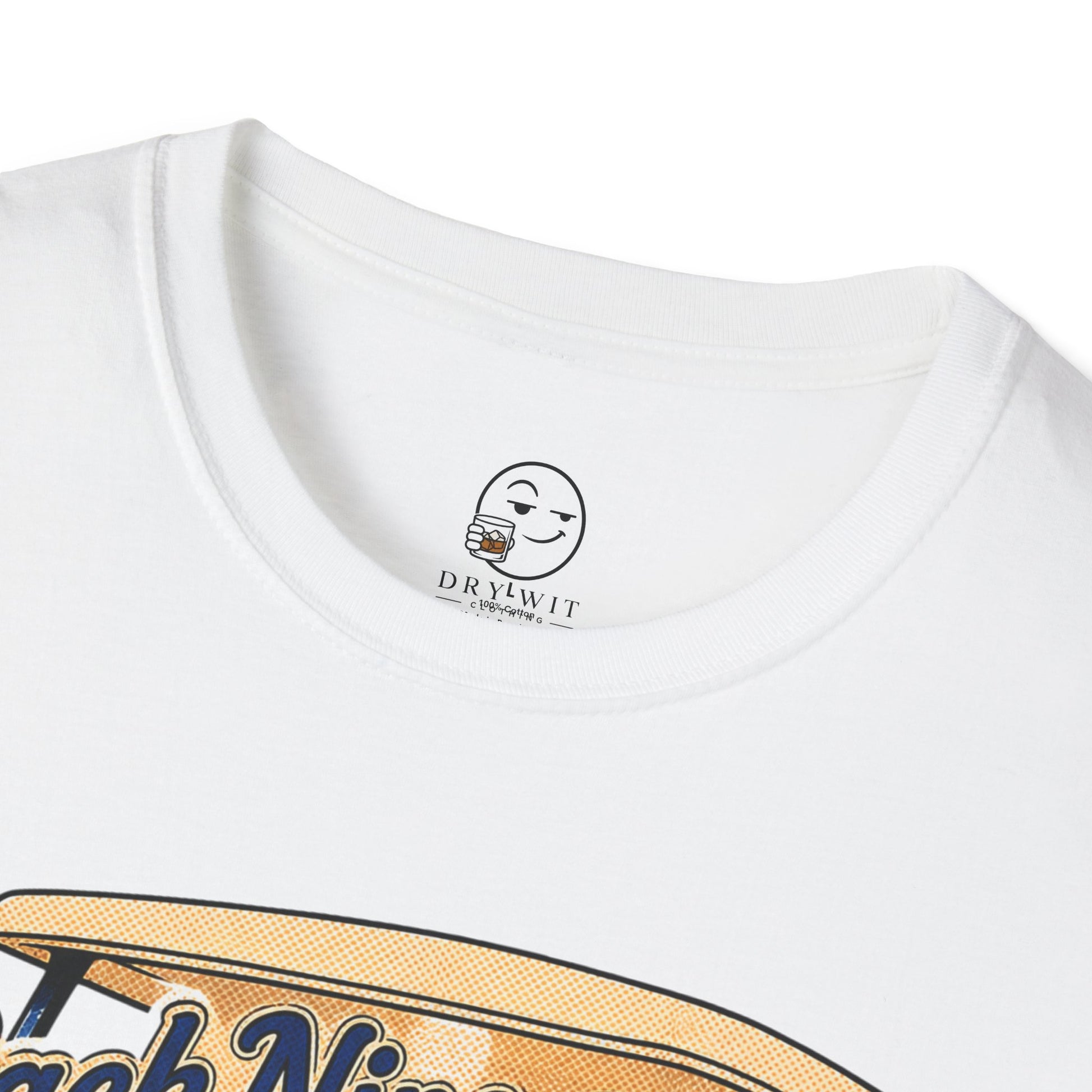 Retro country club-style t-shirt graphic of the Dry Wit dad mascot in a golf cart with a cooler, text reading Back Nine Golf Club