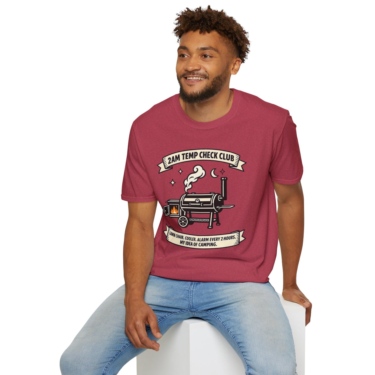 2AM Temp Check Club Shirt, Heather Cardinal red, worn by a model seated on a white block