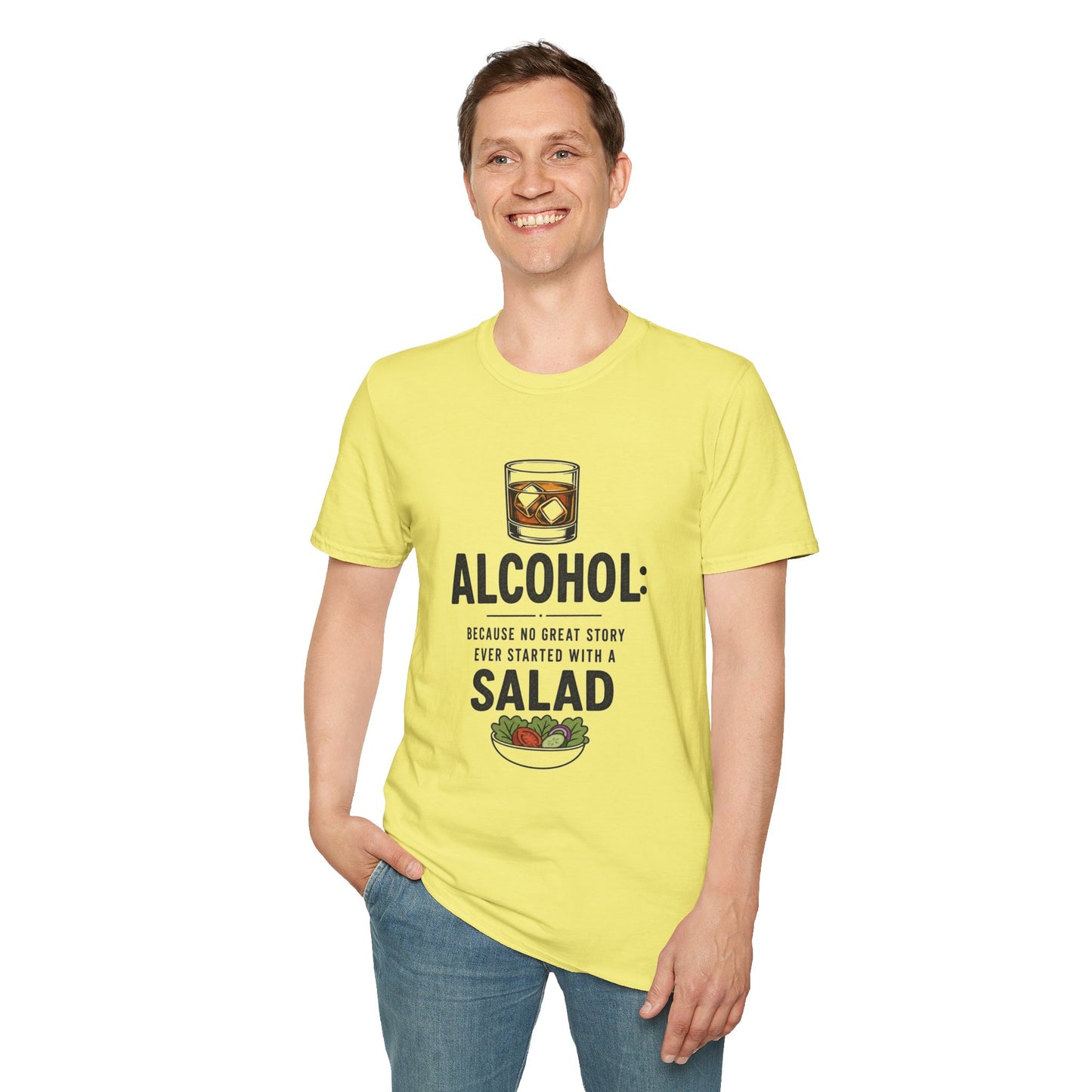 No Great Story Started With a Salad Shirt, Cornsilk pale yellow, worn by a standing model with one hand in their pocket
