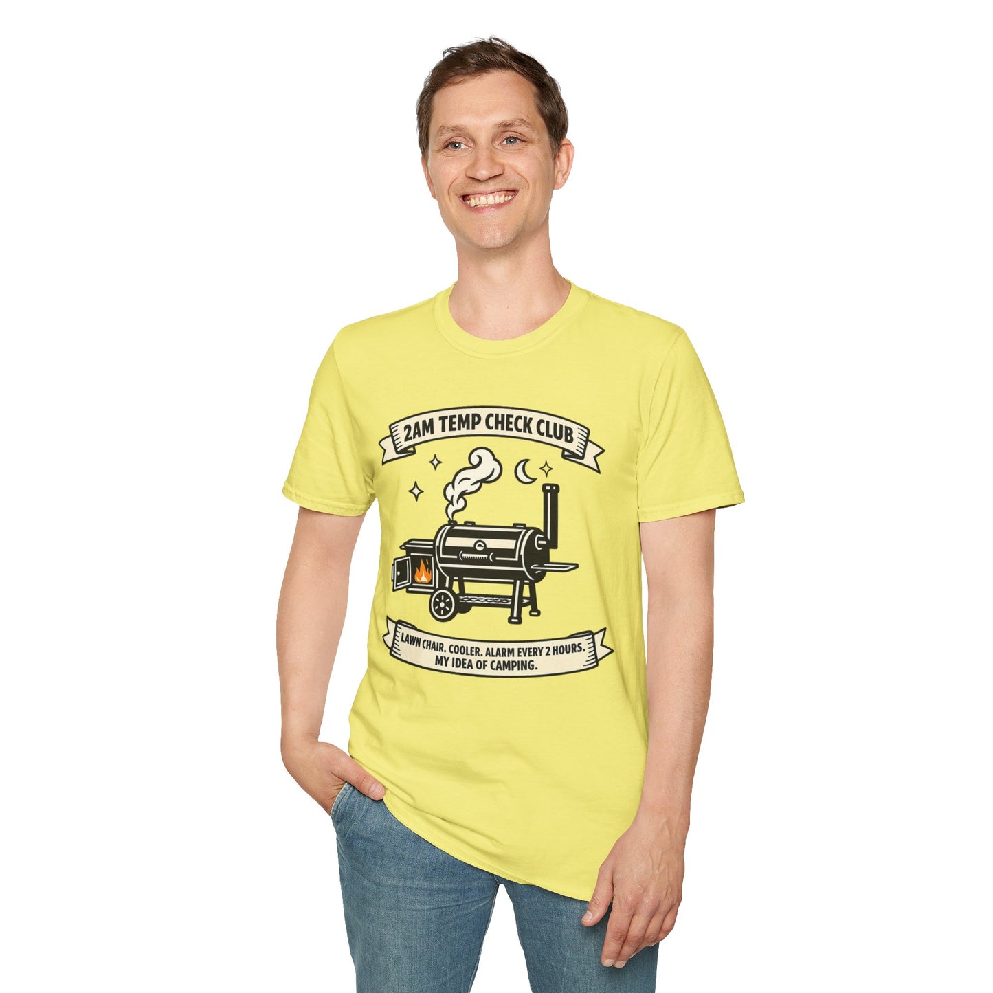 2AM Temp Check Club Shirt, Cornsilk pale yellow, worn by a standing model with one hand in their pocket