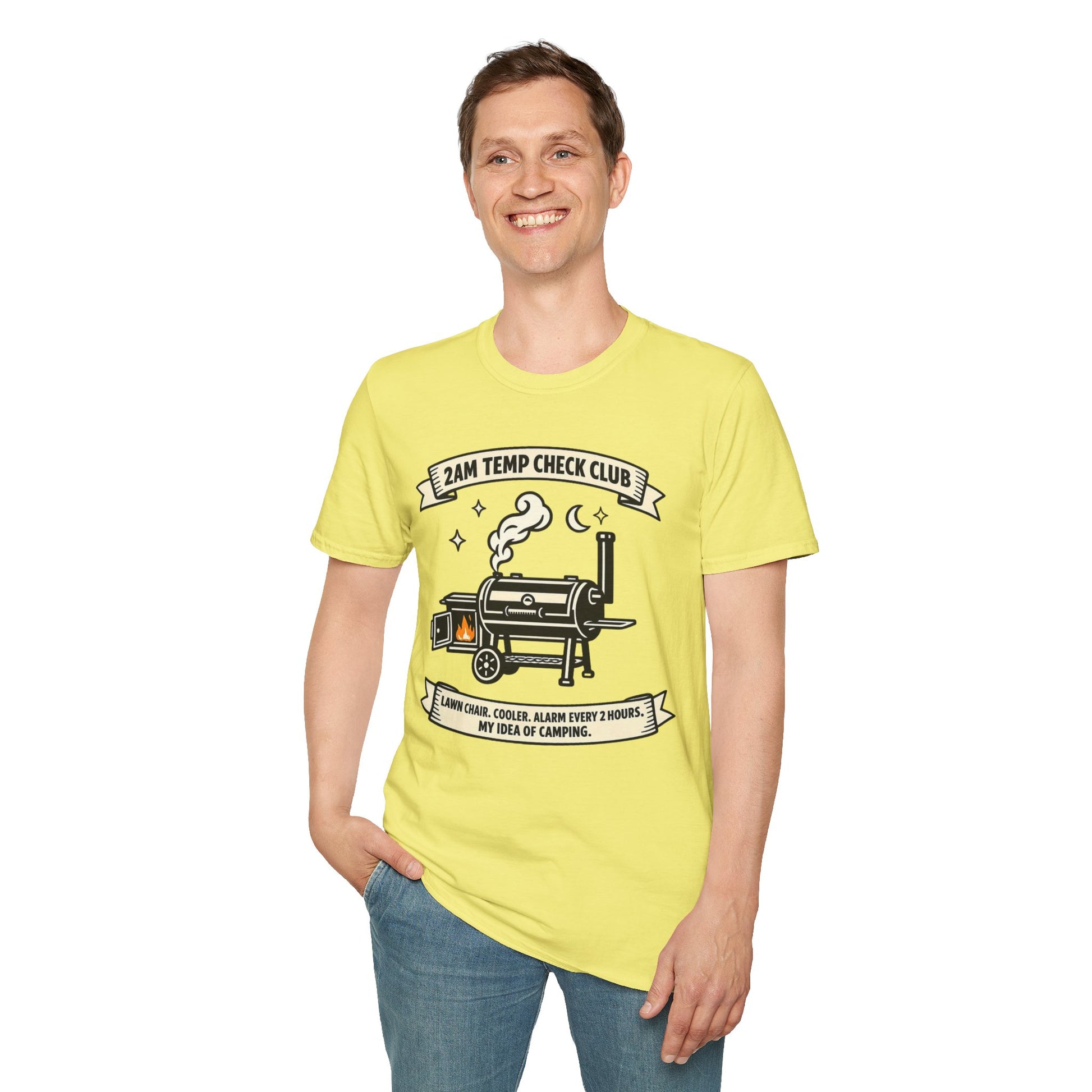 2AM Temp Check Club Shirt, Cornsilk pale yellow, worn by a standing model with one hand in their pocket