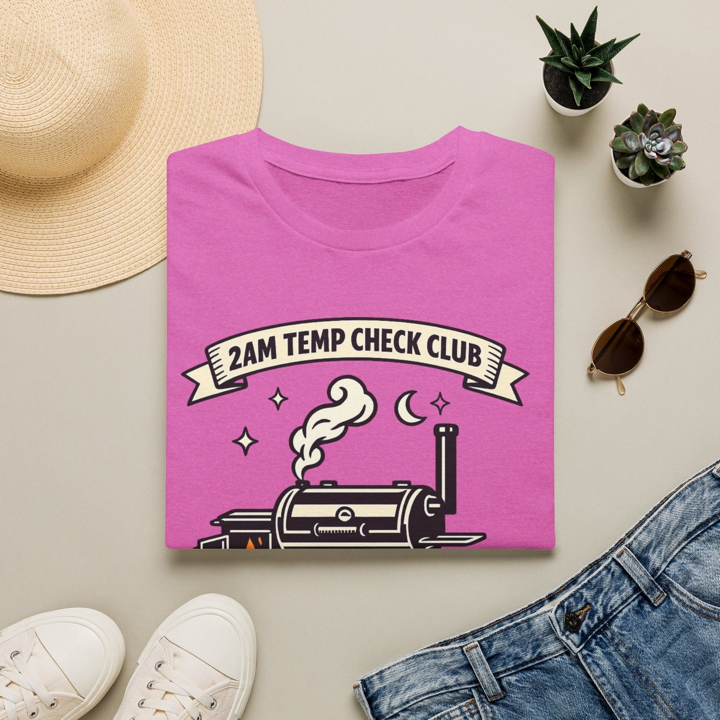 2AM Temp Check Club Shirt, Heather Berry pink, folded flat lay styled with a straw hat, sunglasses, sneakers and denim