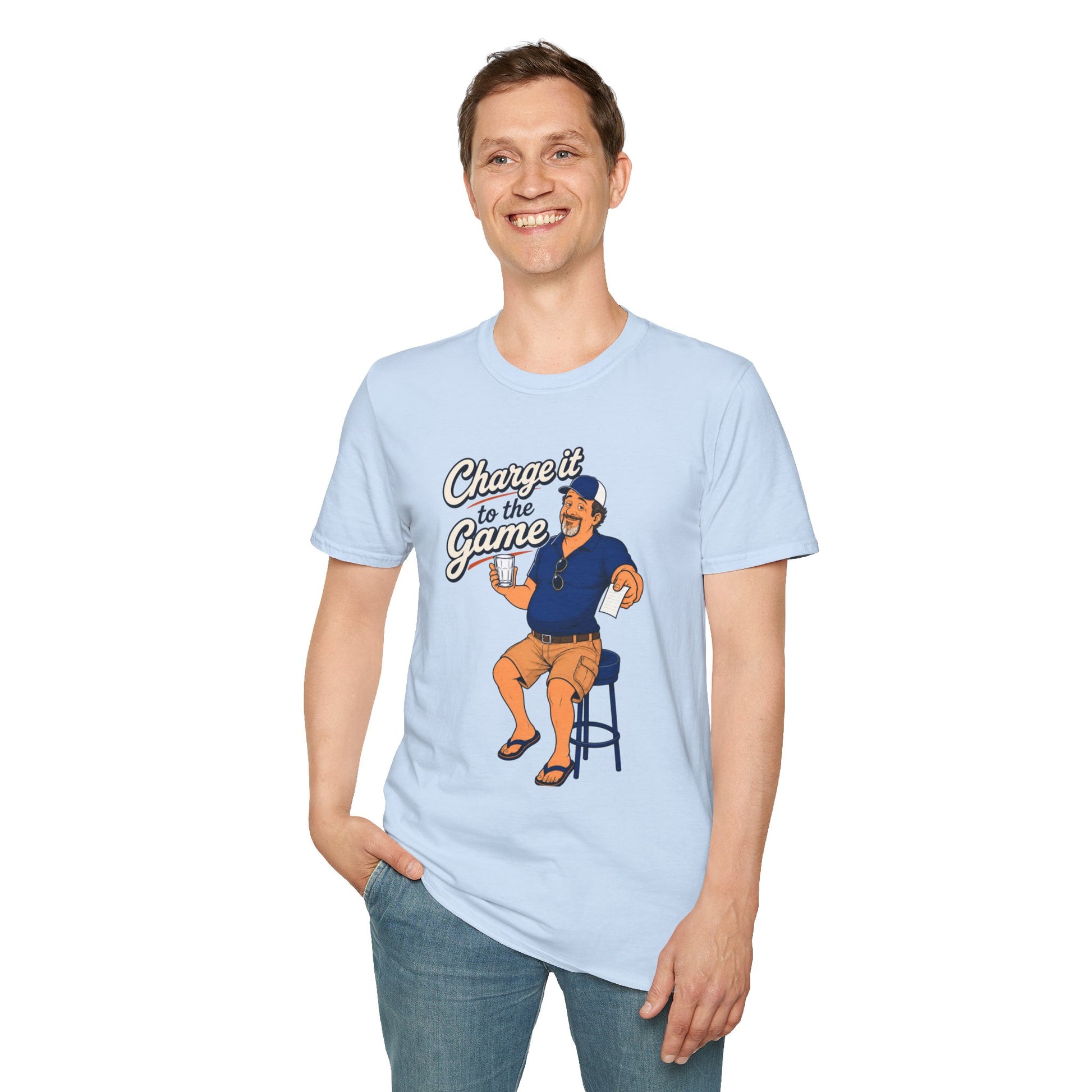 Retro cartoon t-shirt graphic of the Dry Wit dad mascot holding a bar tab at a sports bar, text reading Charge It To The Game