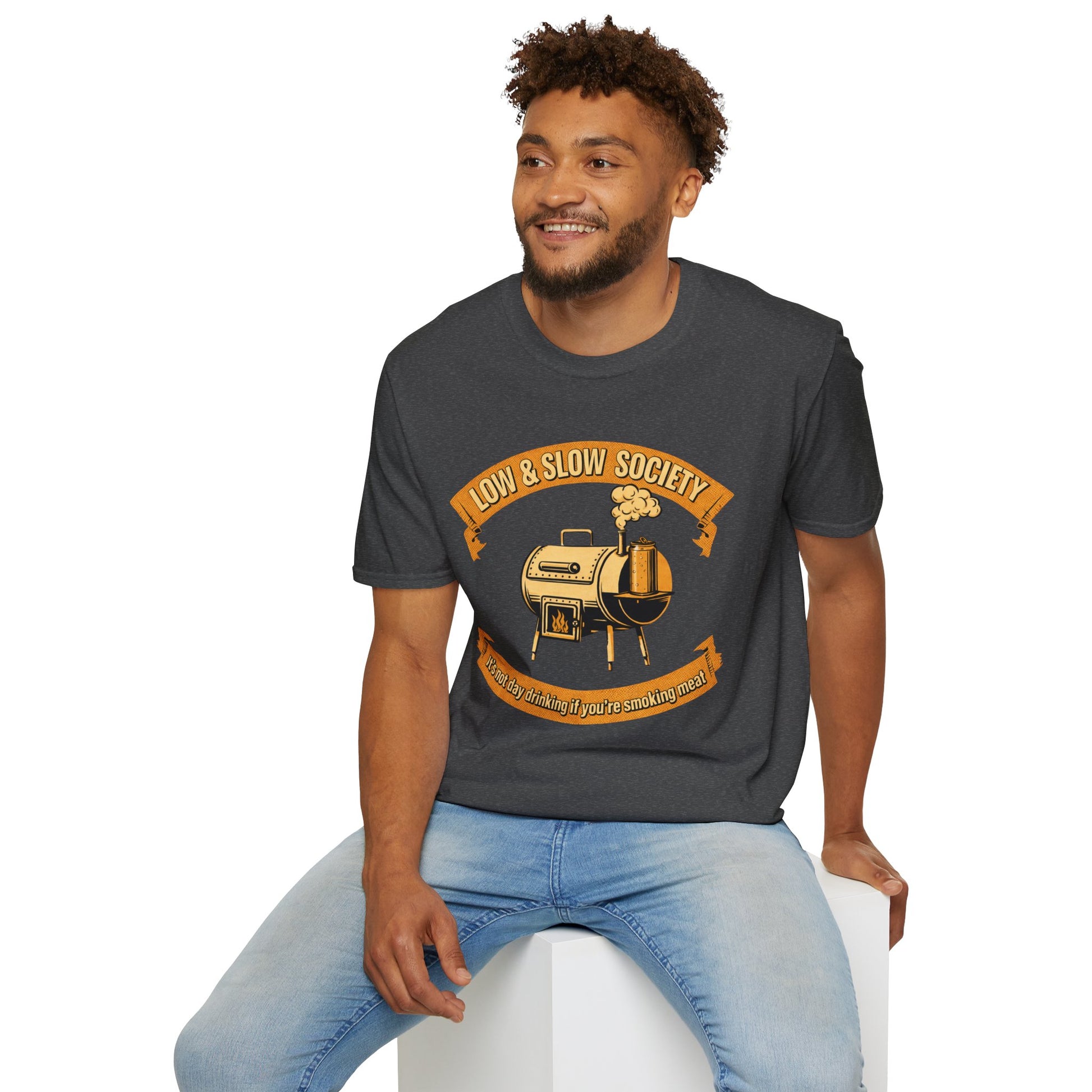Low & Slow Society Shirt, Dark Heather charcoal, worn by a model seated on a white block
