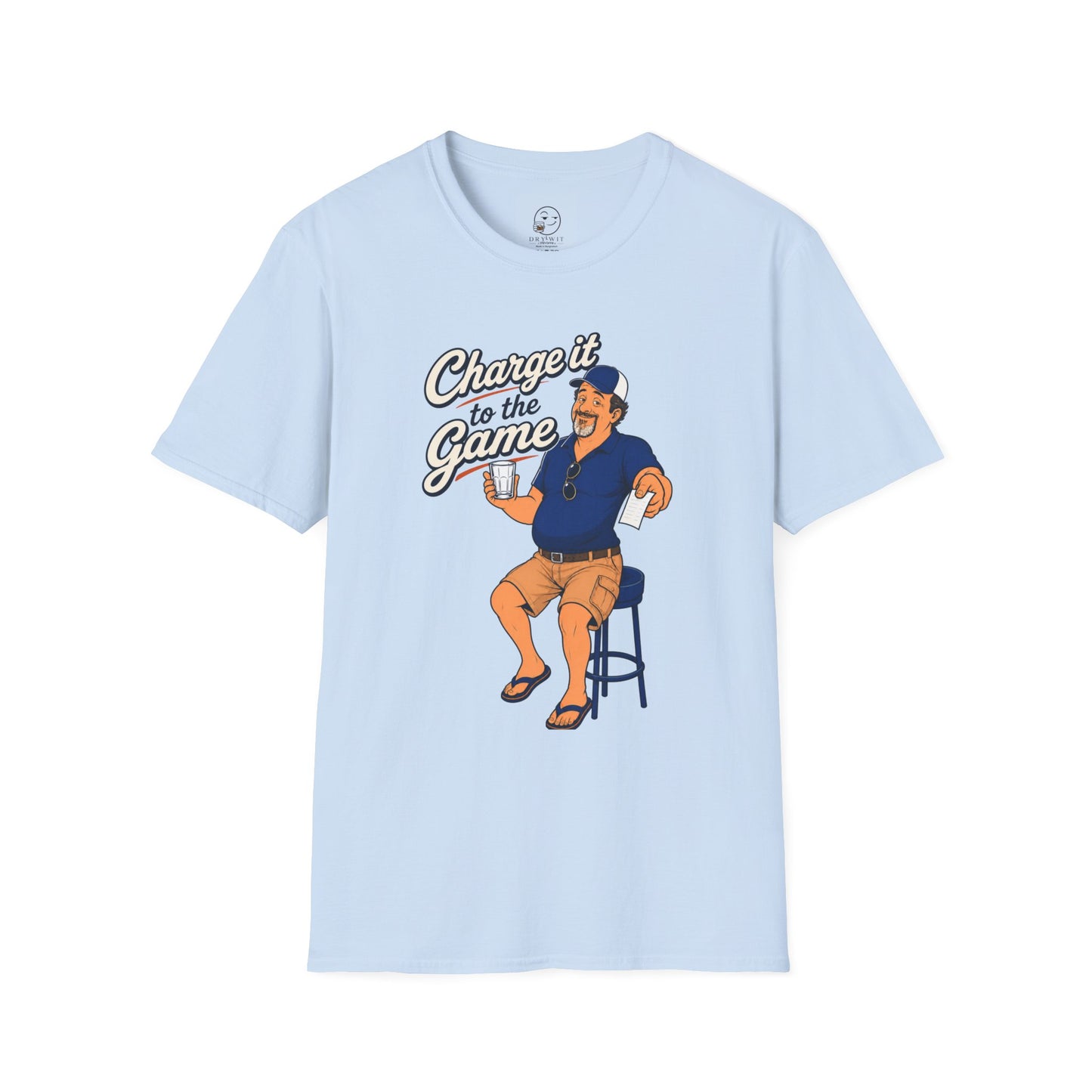 Retro cartoon t-shirt graphic of the Dry Wit dad mascot holding a bar tab at a sports bar, text reading Charge It To The Game
