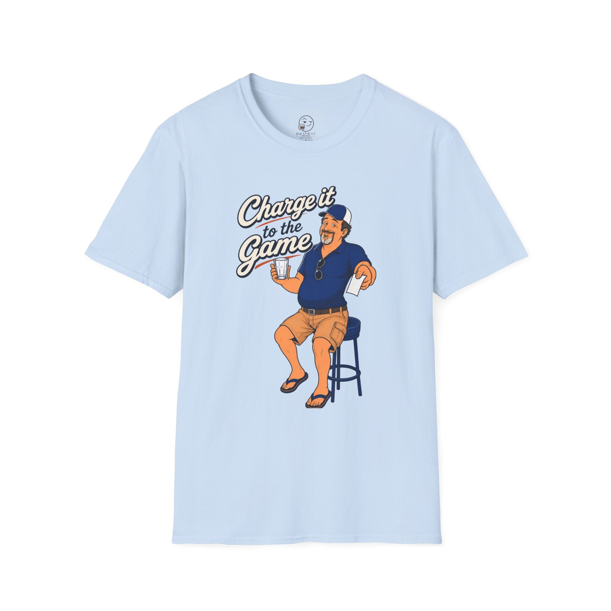 Retro cartoon t-shirt graphic of the Dry Wit dad mascot holding a bar tab at a sports bar, text reading Charge It To The Game