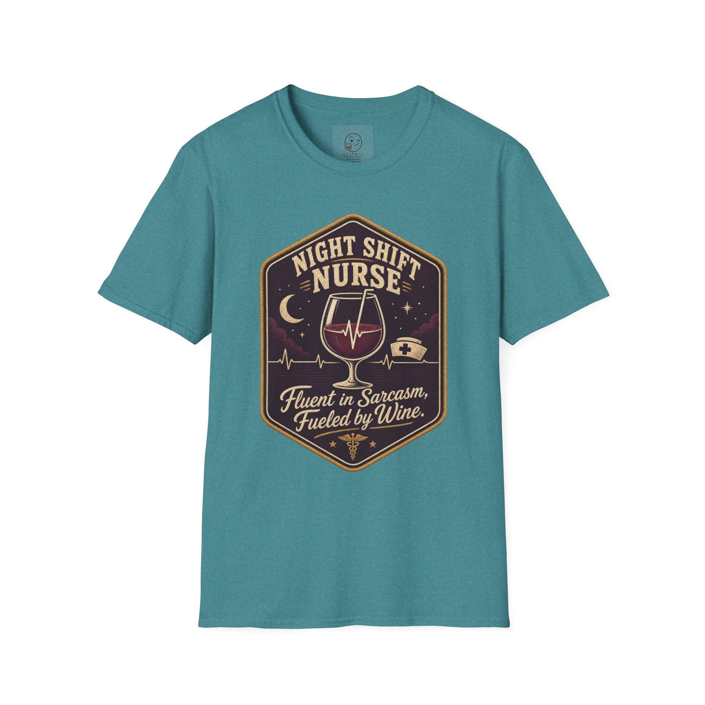 Hexagonal vintage badge t-shirt graphic of a wine glass with a heartbeat line running through it like a straw, text reading Night Shift Nurse, Fluent In Sarcasm, Fueled By Wine