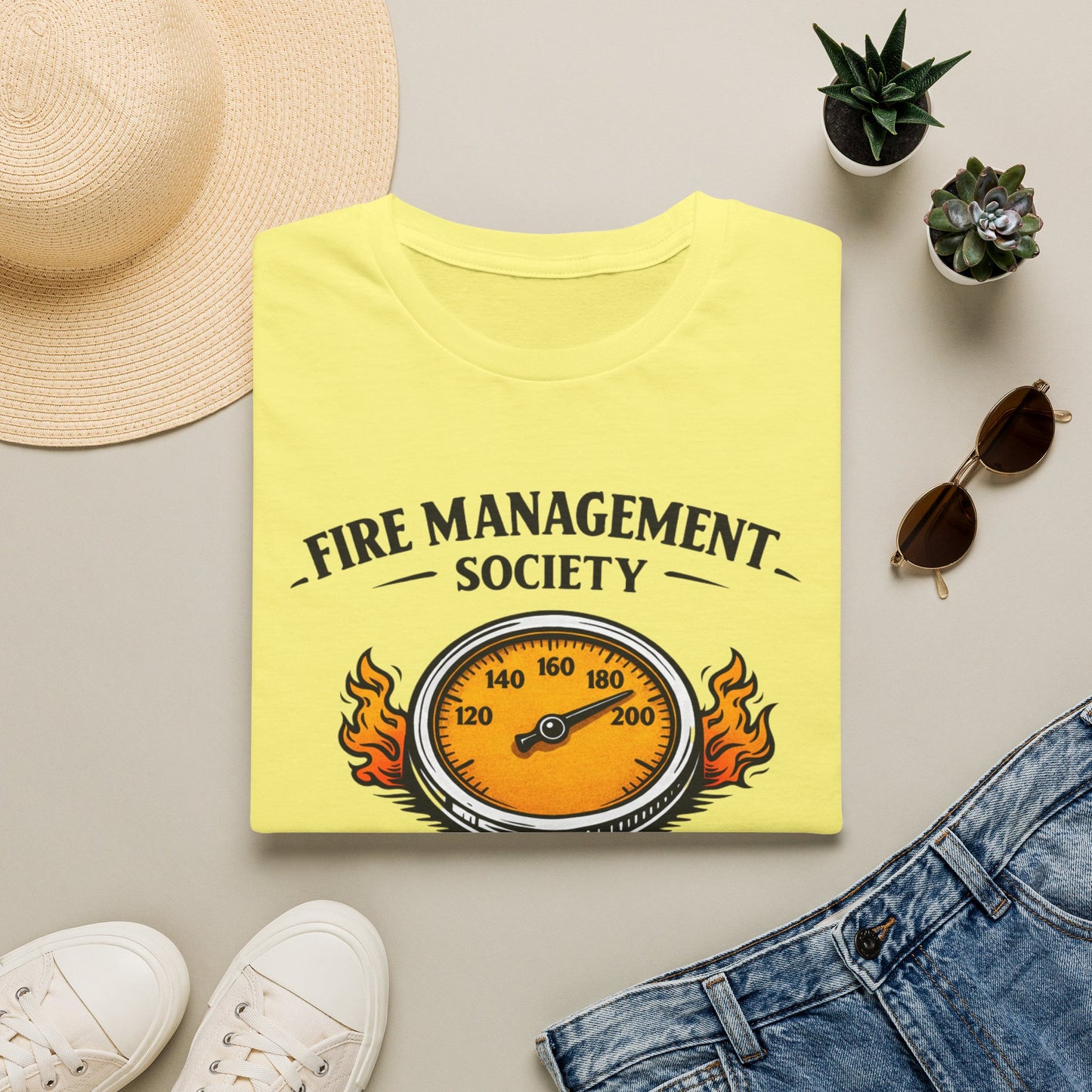Fire Management Society Shirt, Cornsilk pale yellow, folded flat lay styled with a straw hat, sunglasses, sneakers and denim