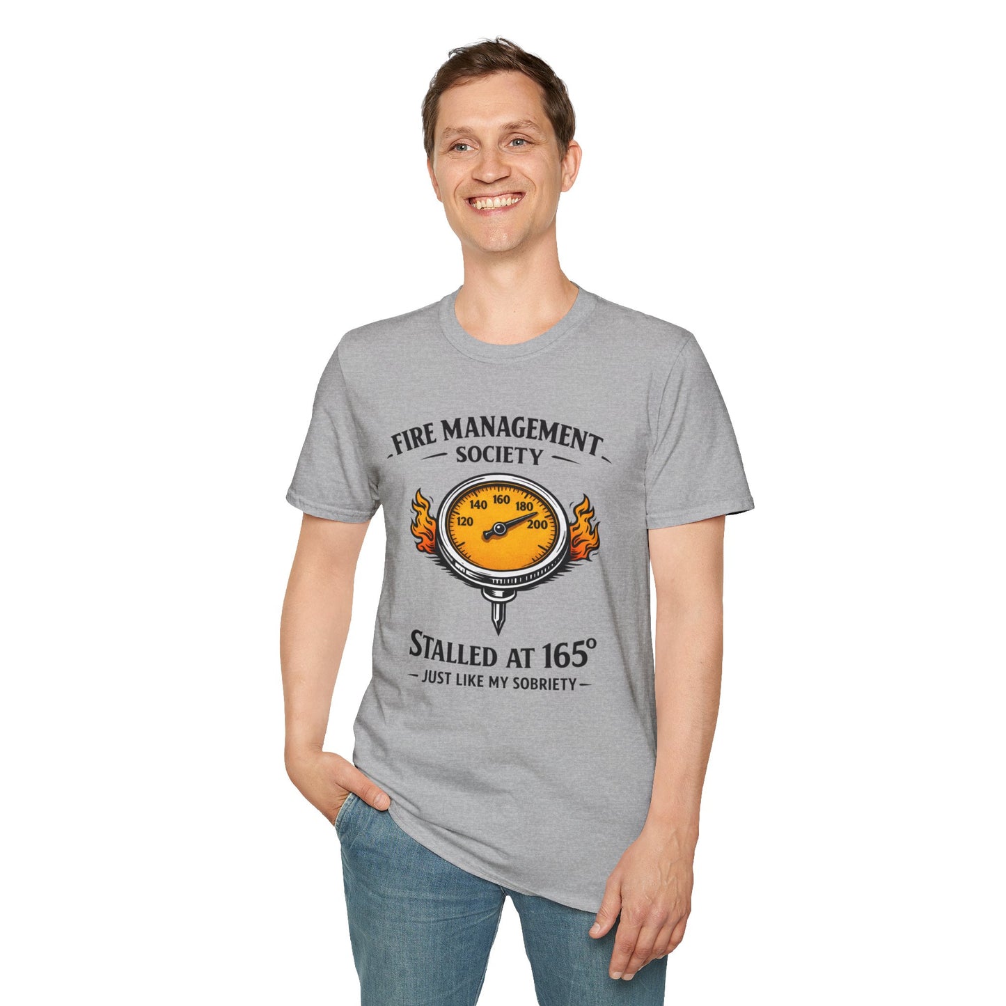 Fire Management Society Shirt, Sport Grey, worn by a standing model with one hand in their pocket