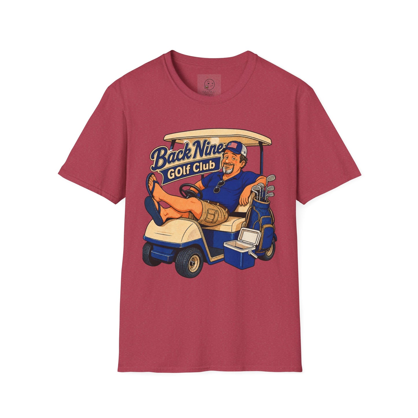 Retro country club-style t-shirt graphic of the Dry Wit dad mascot in a golf cart with a cooler, text reading Back Nine Golf Club
