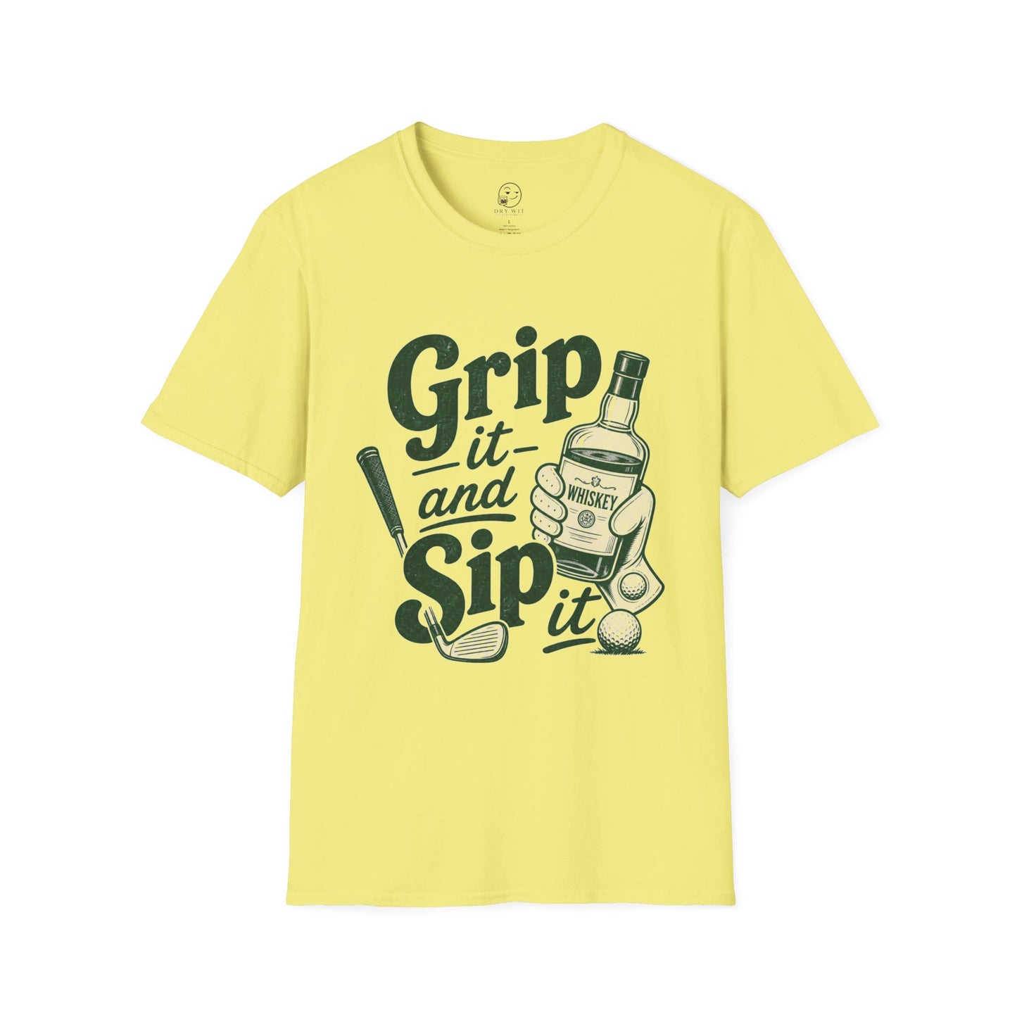 Grip It and Sip It funny golf whiskey shirt, Cornsilk pale yellow, front flat lay
