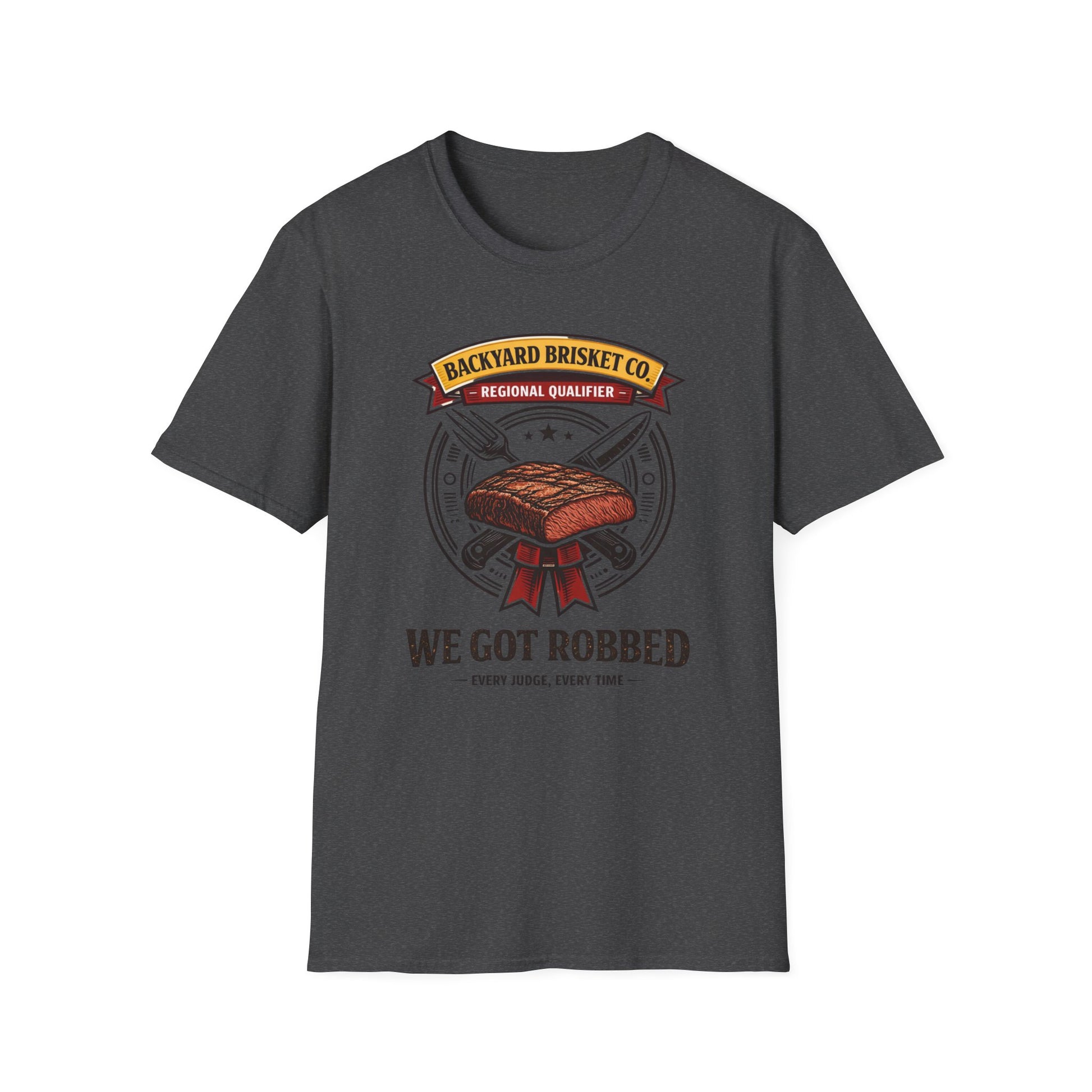 Backyard Brisket Co. Shirt, Dark Heather charcoal, front flat lay