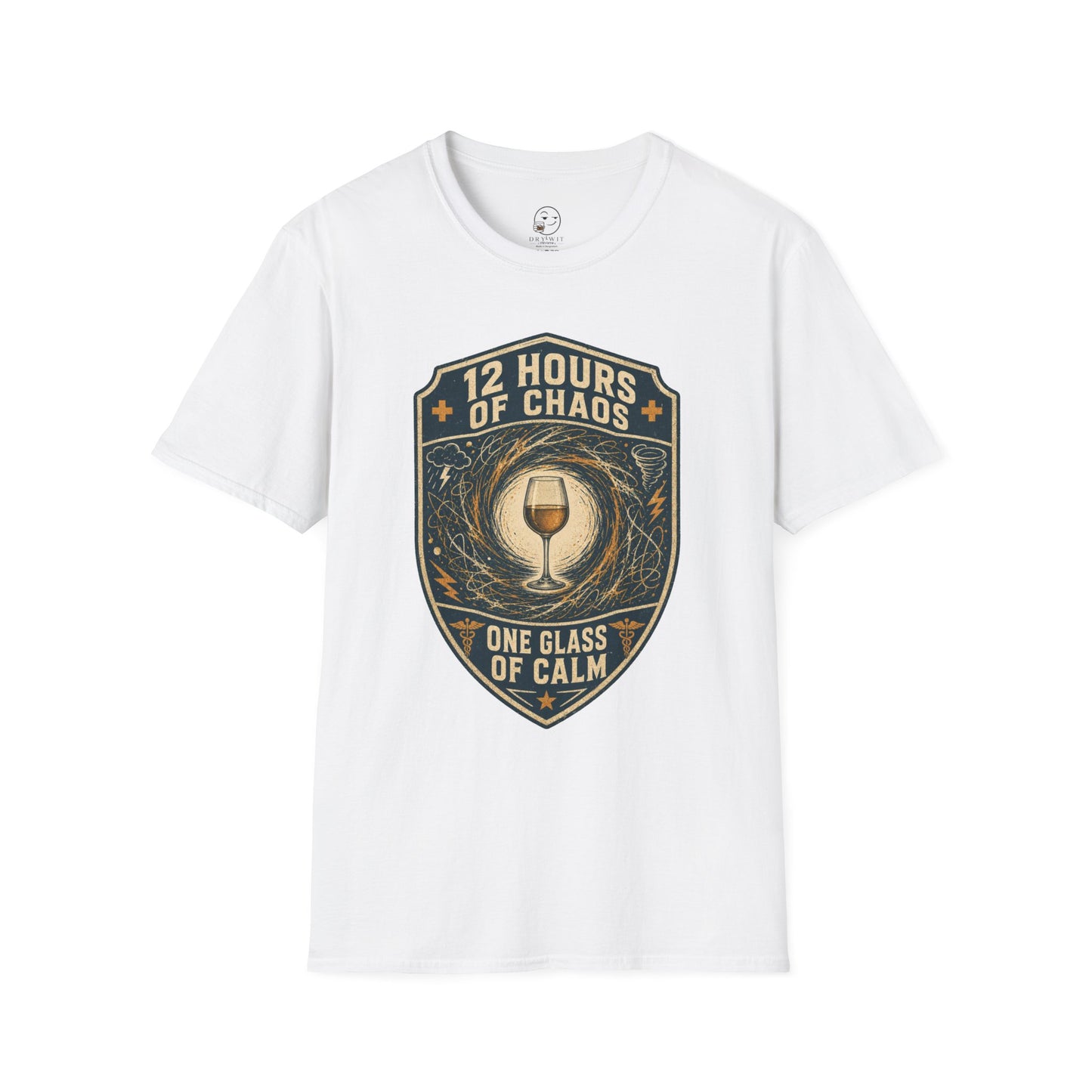Shield-shaped vintage badge t-shirt graphic of a wine glass sitting calmly amid a swirling chaos symbol, text reading 12 Hours Of Chaos, One Glass Of Calm
