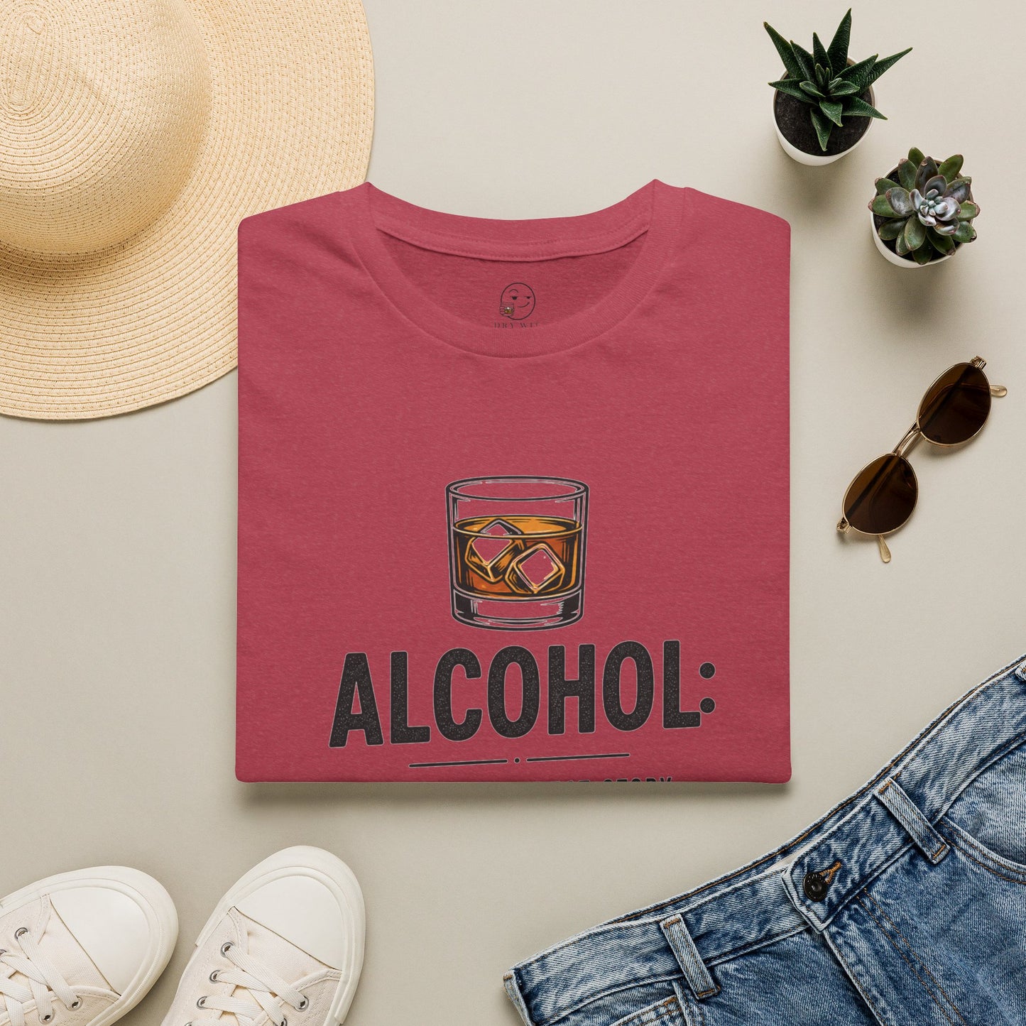 No Great Story Started With a Salad Shirt, Heather Cardinal red, folded flat lay styled with a straw hat, sunglasses, sneakers and denim