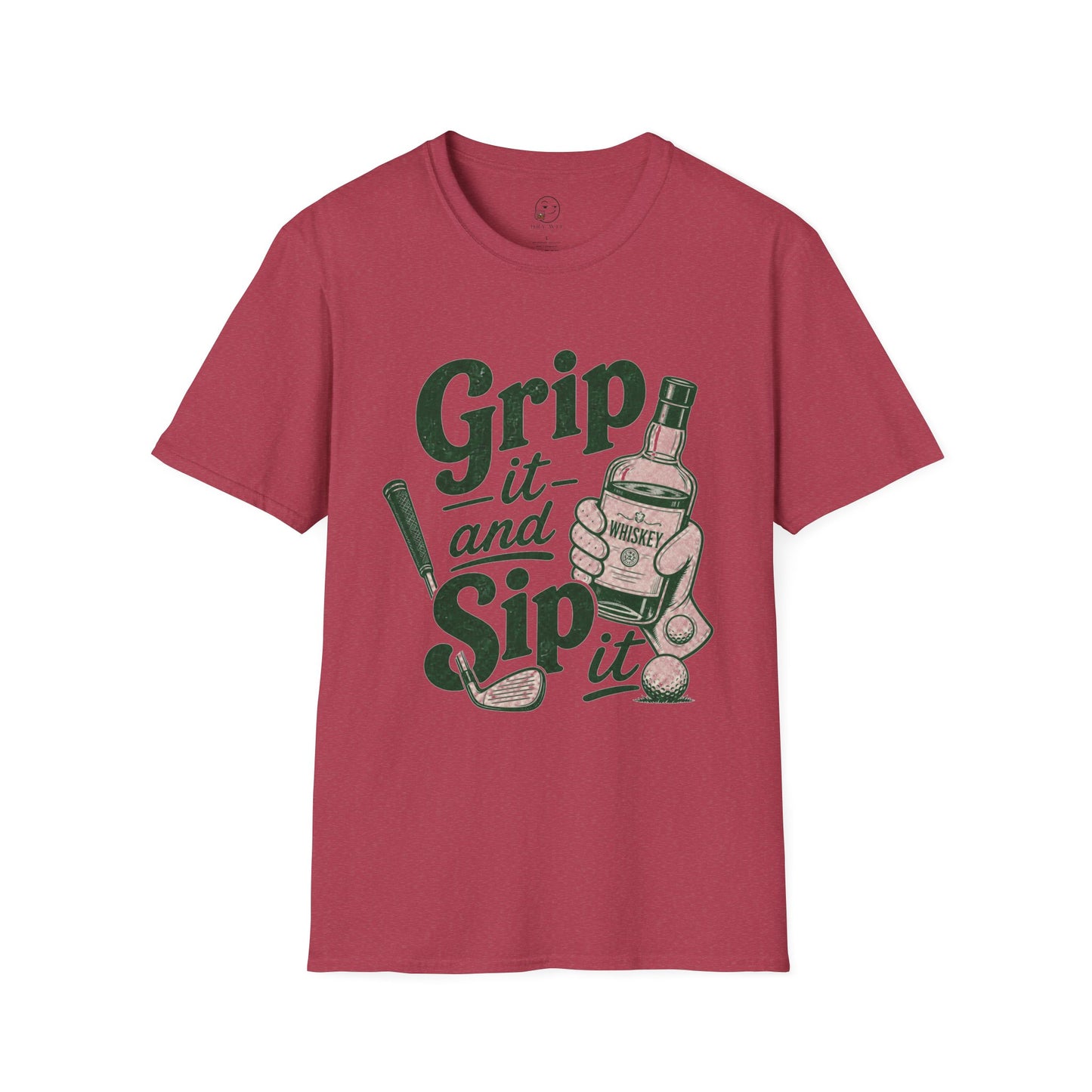 Grip It and Sip It funny golf whiskey shirt, Heather Cardinal red, front flat lay