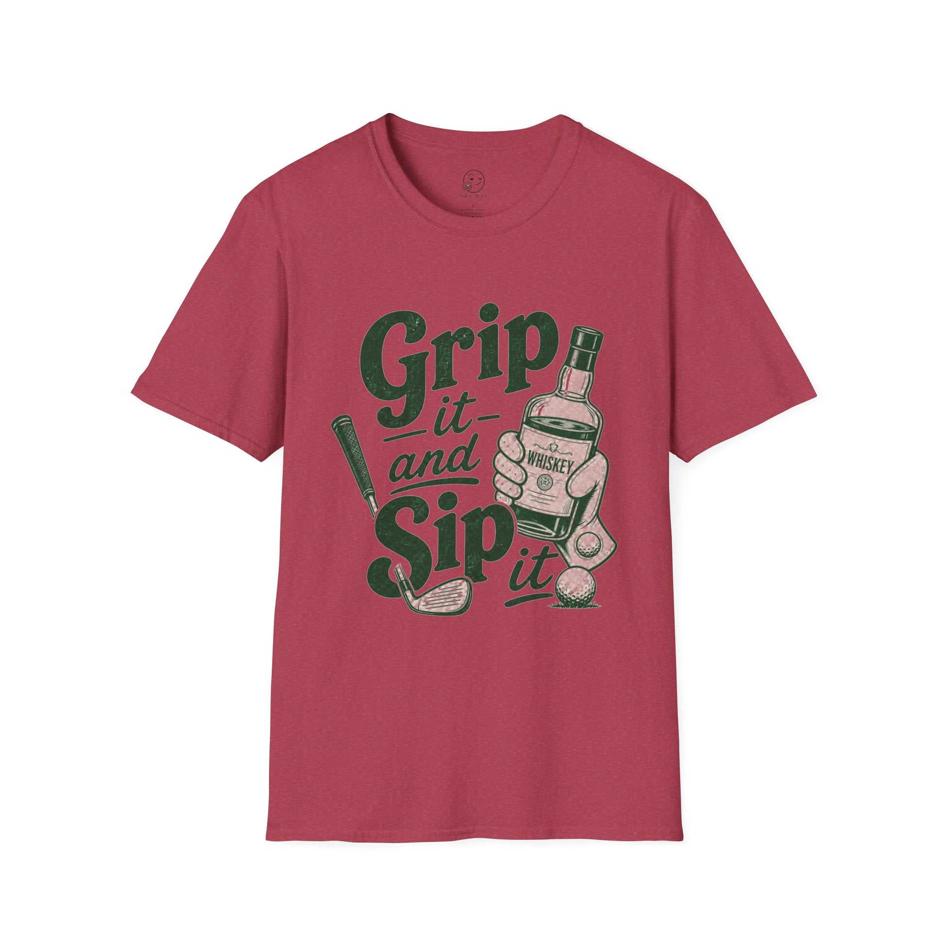 Grip It and Sip It funny golf whiskey shirt, Heather Cardinal red, front flat lay