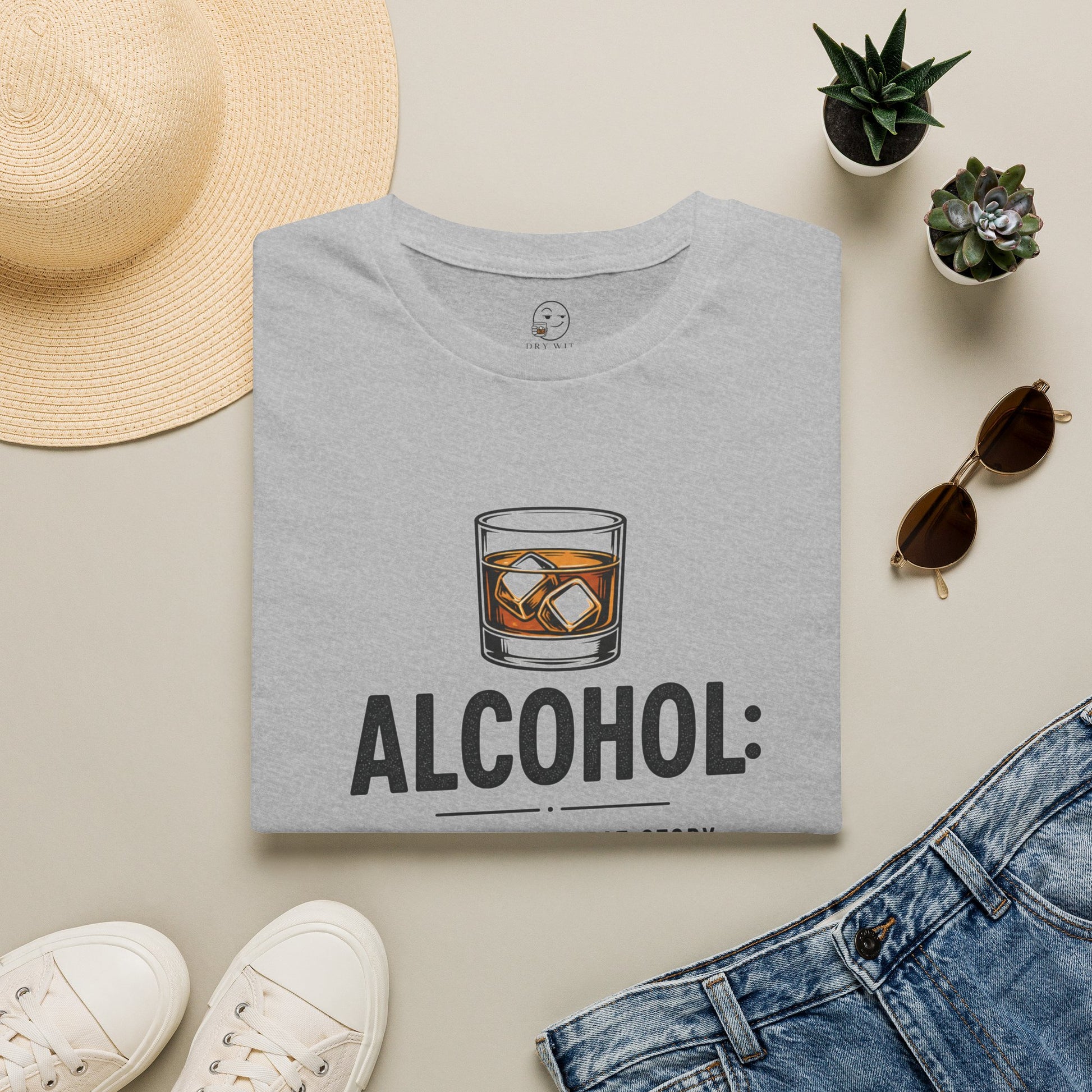 No Great Story Started With a Salad Shirt, Sport Grey, folded flat lay styled with a straw hat, sunglasses, sneakers and denim