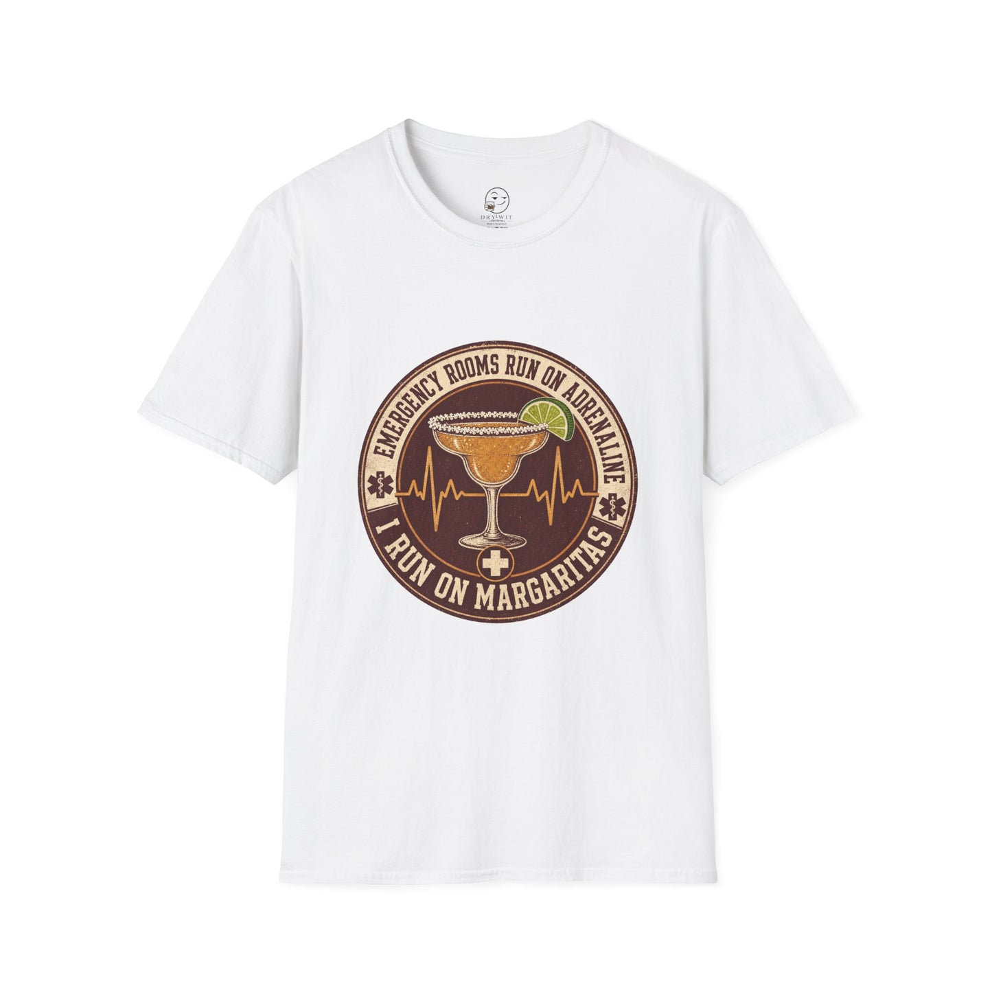 Circular vintage badge t-shirt graphic of a margarita glass with a salted rim and lime wedge beside a heartbeat line, text reading Emergency Rooms Run On Adrenaline, I Run On Margaritas