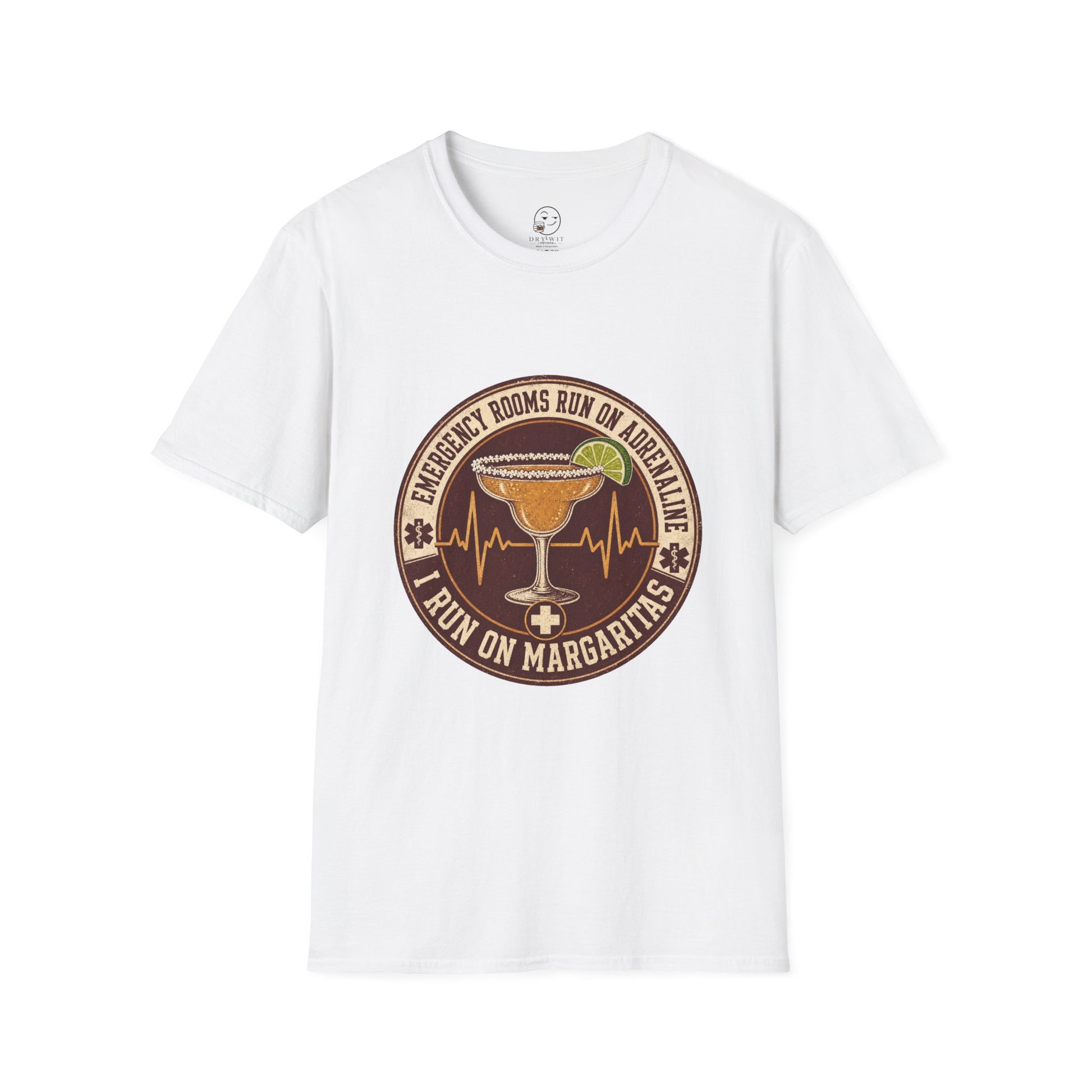 Circular vintage badge t-shirt graphic of a margarita glass with a salted rim and lime wedge beside a heartbeat line, text reading Emergency Rooms Run On Adrenaline, I Run On Margaritas
