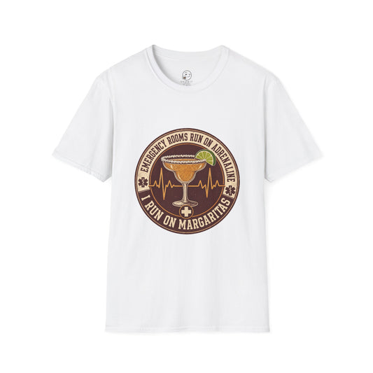 Circular vintage badge t-shirt graphic of a margarita glass with a salted rim and lime wedge beside a heartbeat line, text reading Emergency Rooms Run On Adrenaline, I Run On Margaritas
