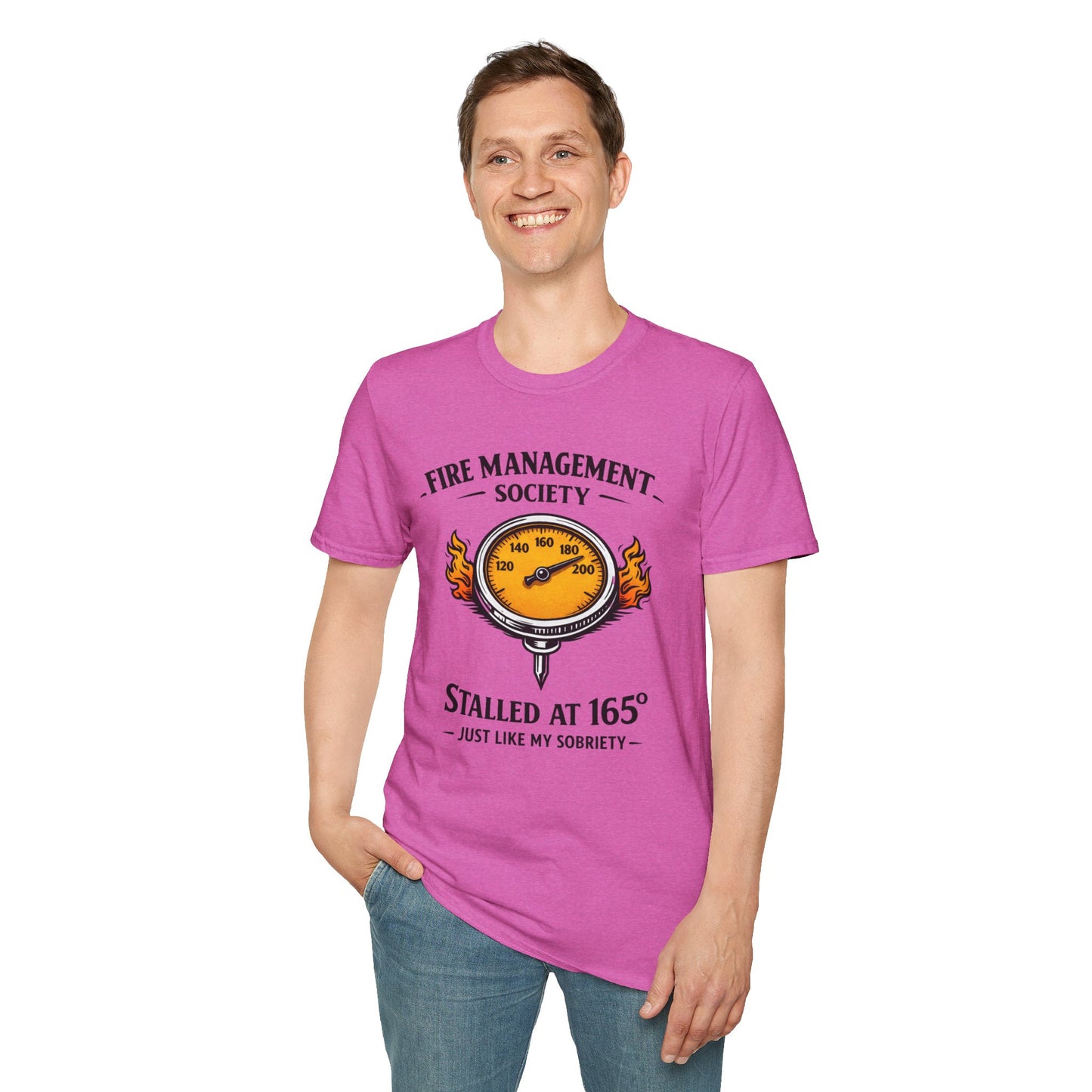 Fire Management Society Shirt, Heather Berry pink, worn by a standing model with one hand in their pocket